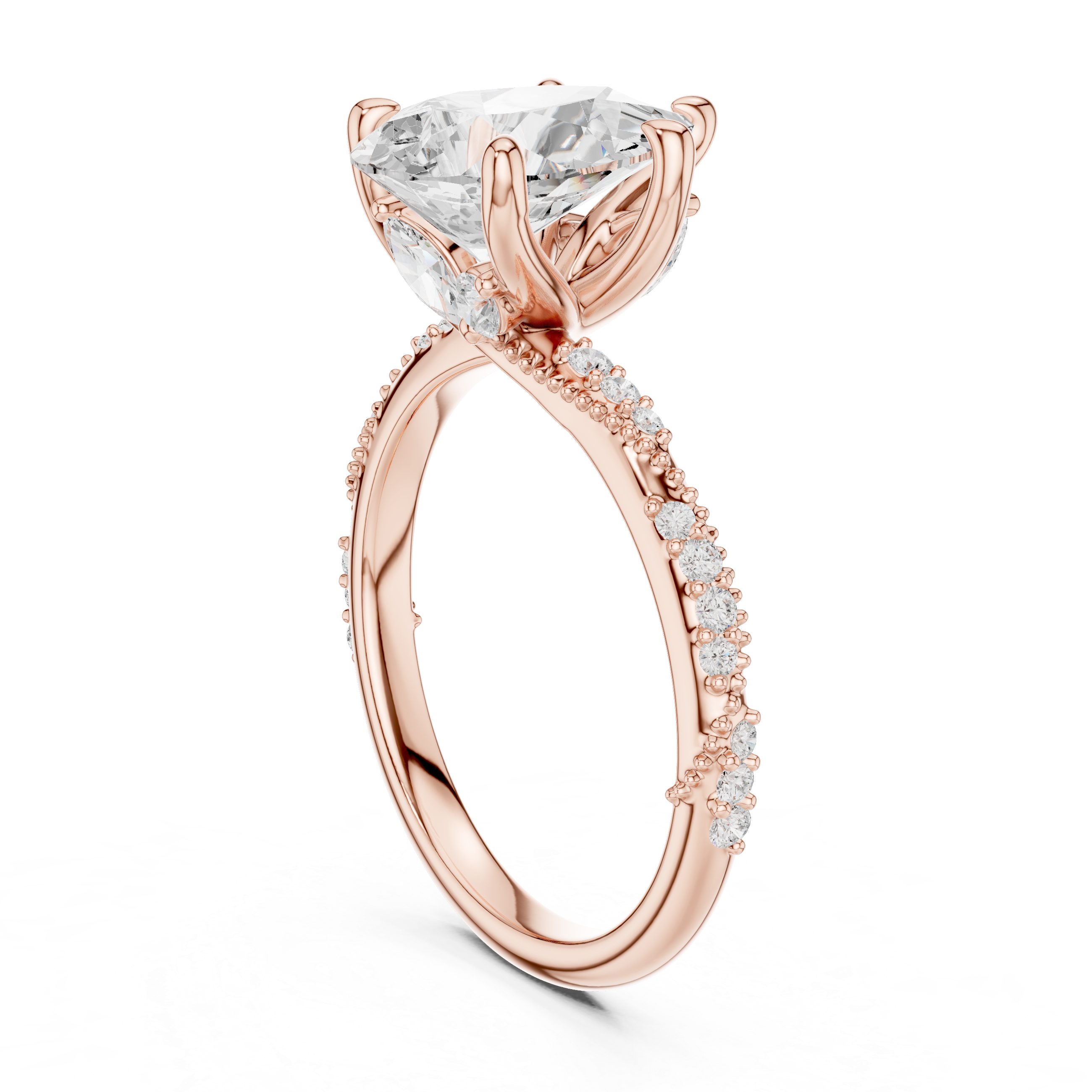 Pear Cut Solitaire Engagement Ring with Side Pavé Diamond Band and Hidden Halo