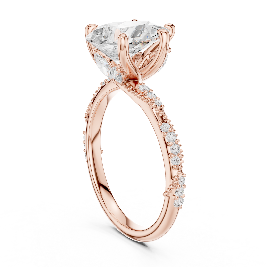 Pear Cut Solitaire Engagement Ring with Side Pavé Diamond Band and Hidden Halo