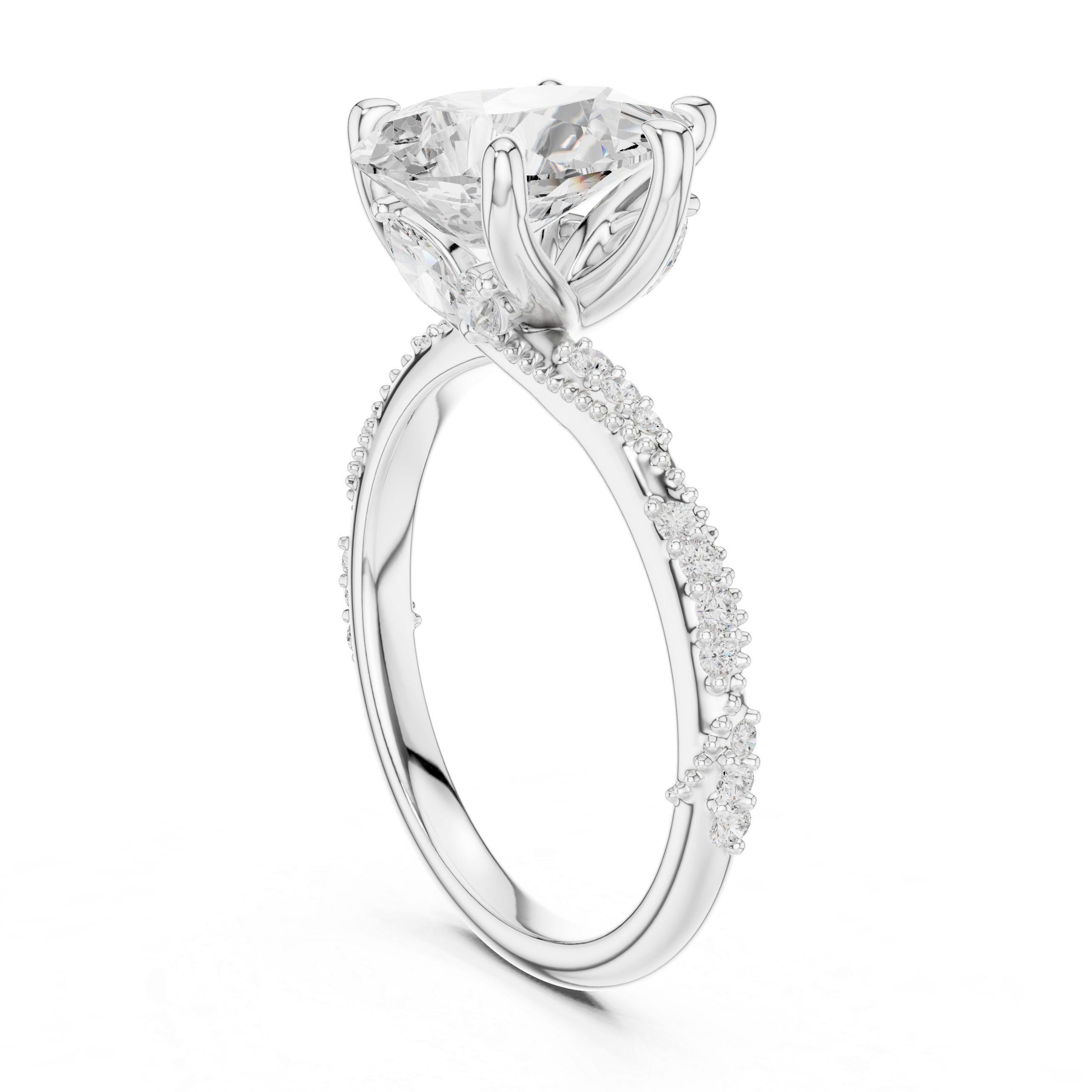 Pear Cut Solitaire Engagement Ring with Side Pavé Diamond Band and Hidden Halo