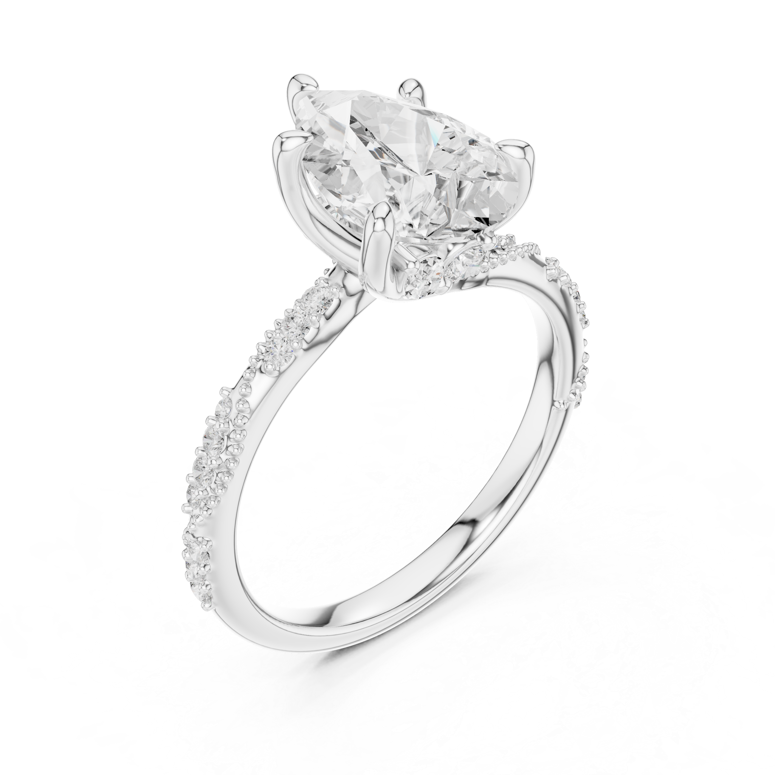 Pear Cut Solitaire Engagement Ring with Side Pavé Diamond Band and Hidden Halo