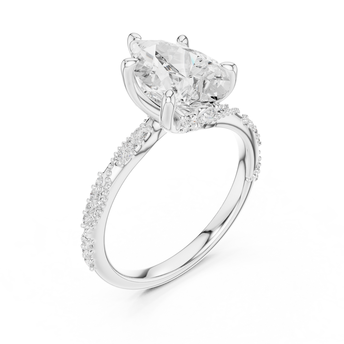 Pear Cut Solitaire Engagement Ring with Side Pavé Diamond Band and Hidden Halo