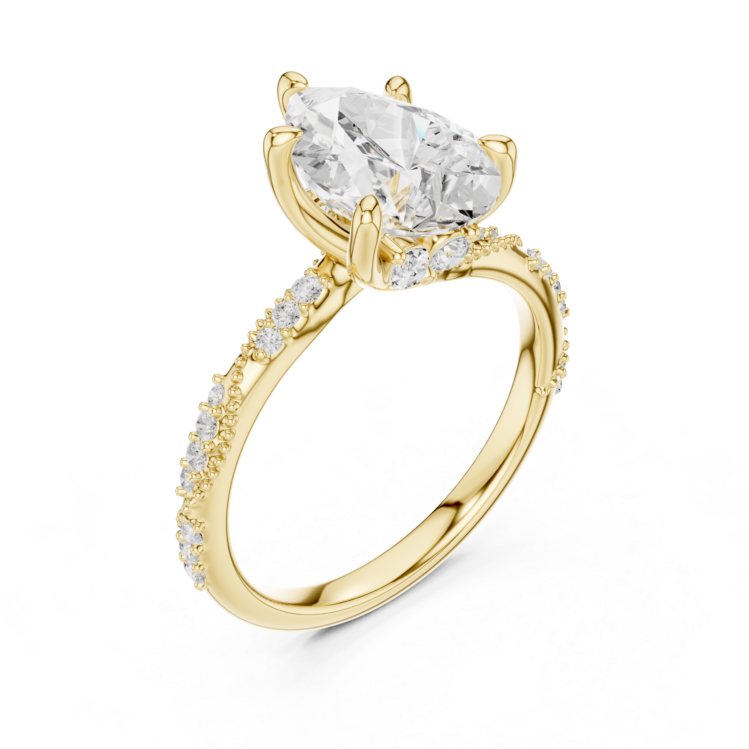 Pear Cut Solitaire Engagement Ring with Side Pavé Diamond Band and Hidden Halo