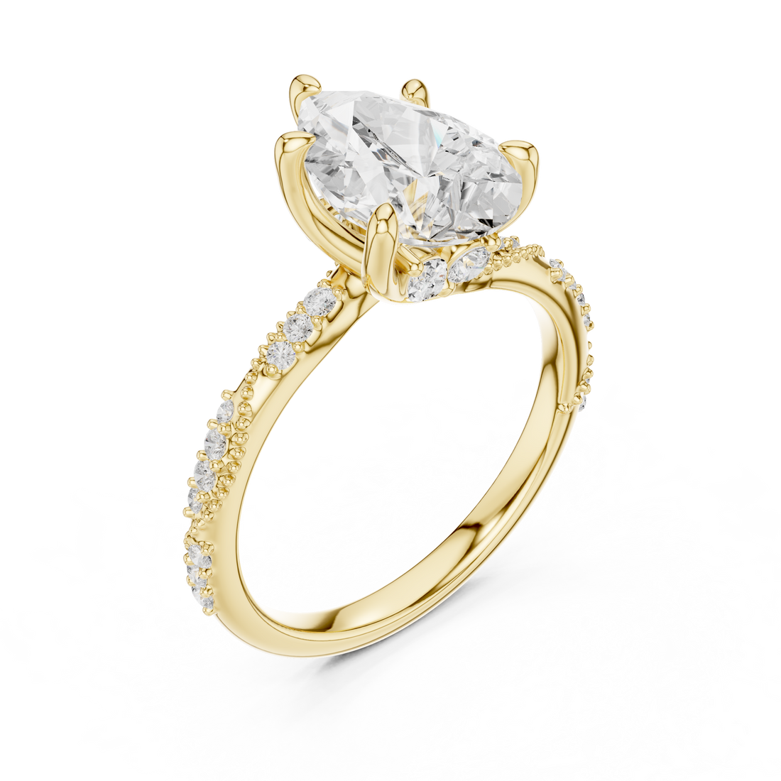 Pear Cut Solitaire Engagement Ring with Side Pavé Diamond Band and Hidden Halo