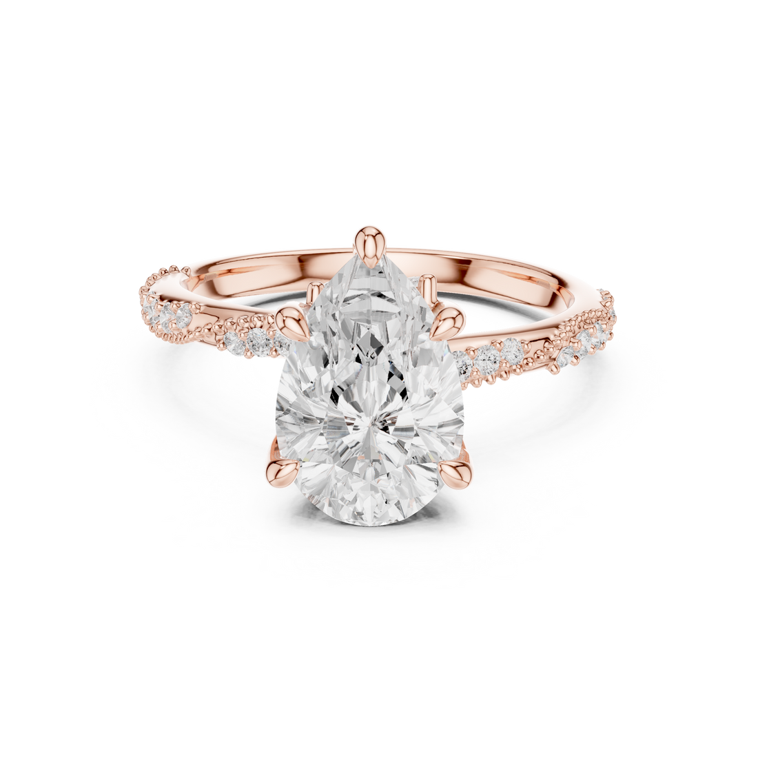 Pear Cut Solitaire Engagement Ring with Side Pavé Diamond Band and Hidden Halo