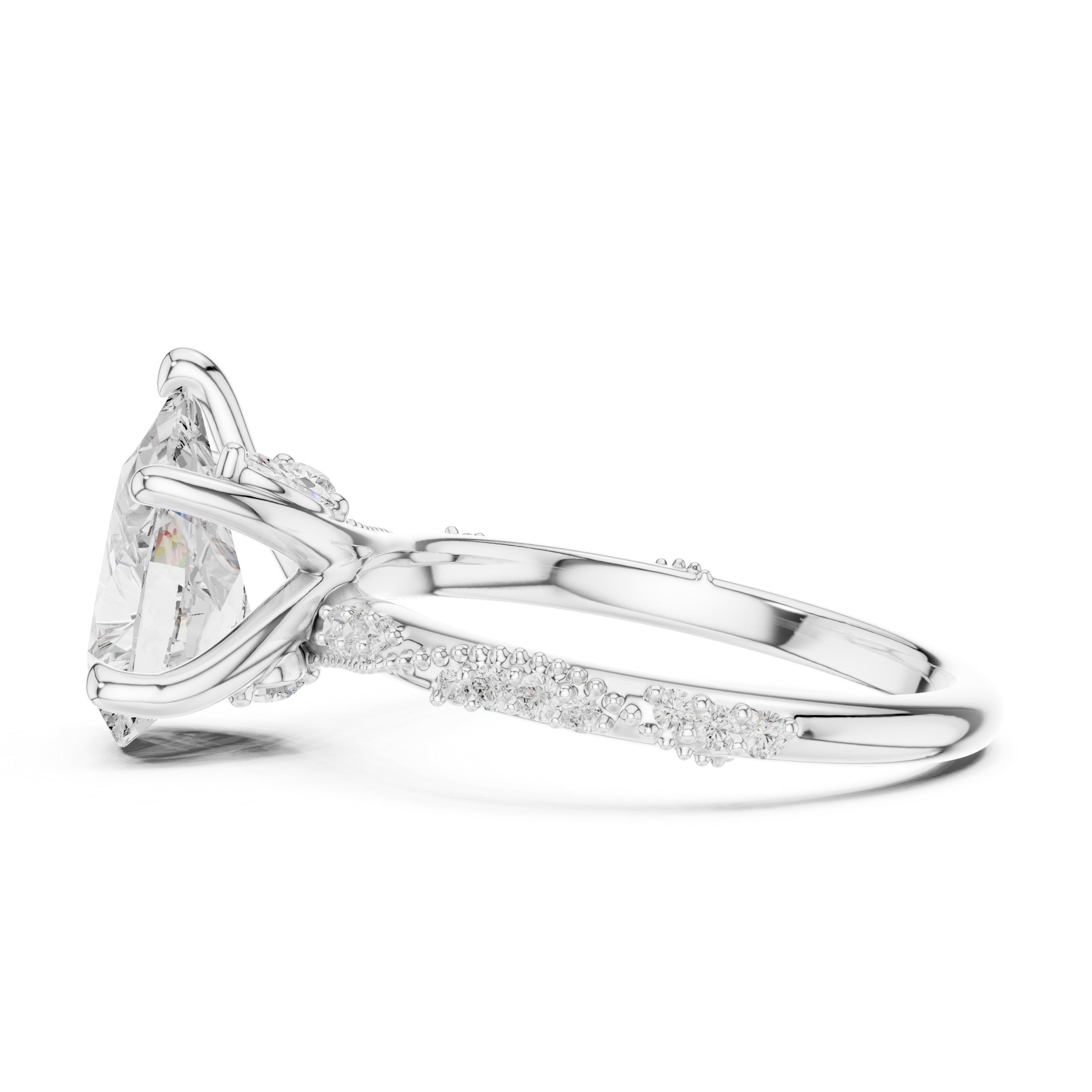 Pear Cut Solitaire Engagement Ring with Side Pavé Diamond Band and Hidden Halo