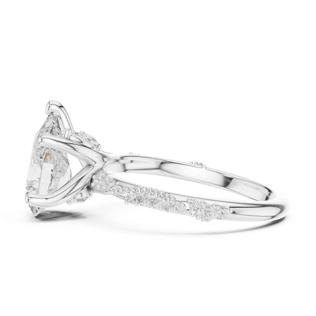 Pear Cut Solitaire Engagement Ring with Side Pavé Diamond Band and Hidden Halo