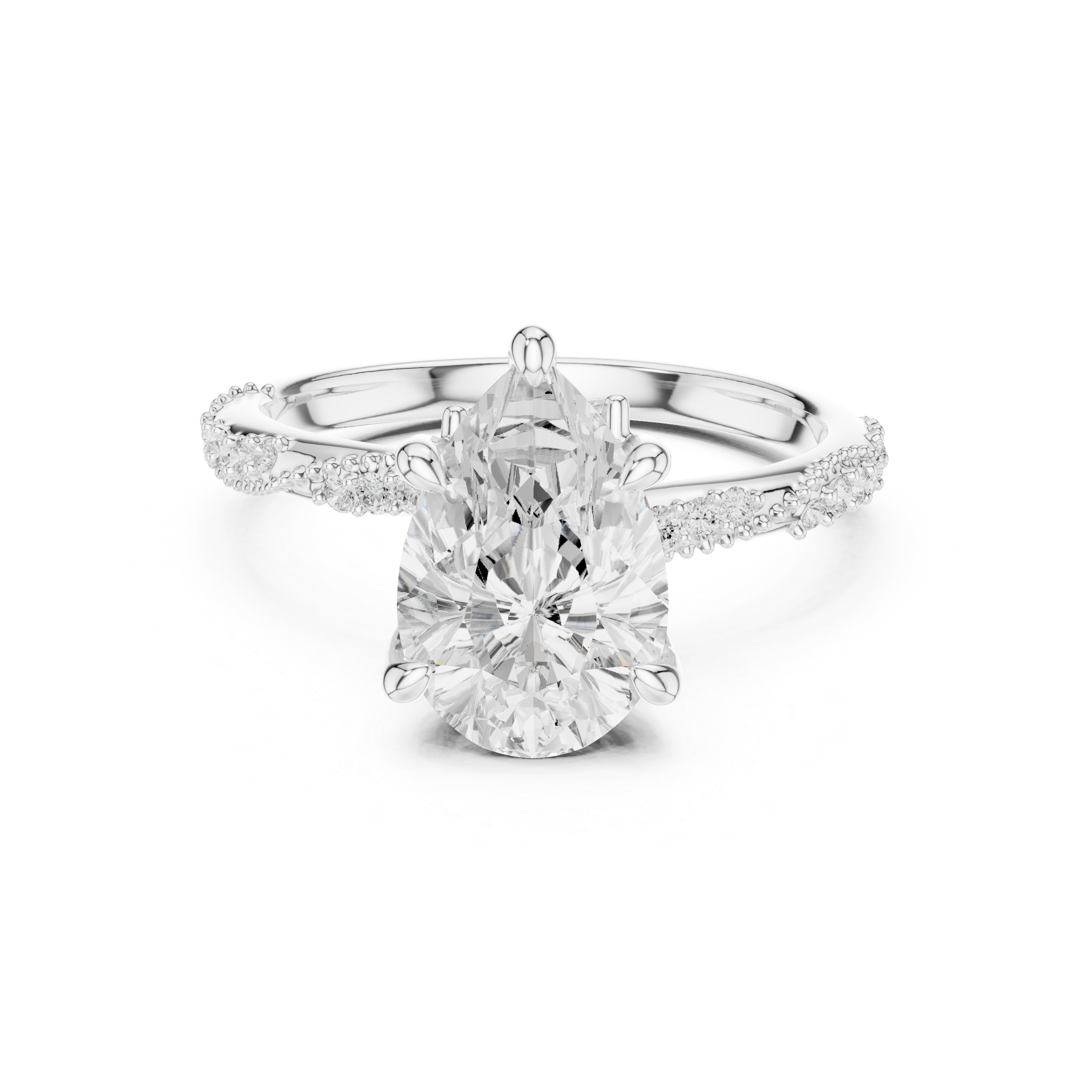 Pear Cut Solitaire Engagement Ring with Side Pavé Diamond Band and Hidden Halo