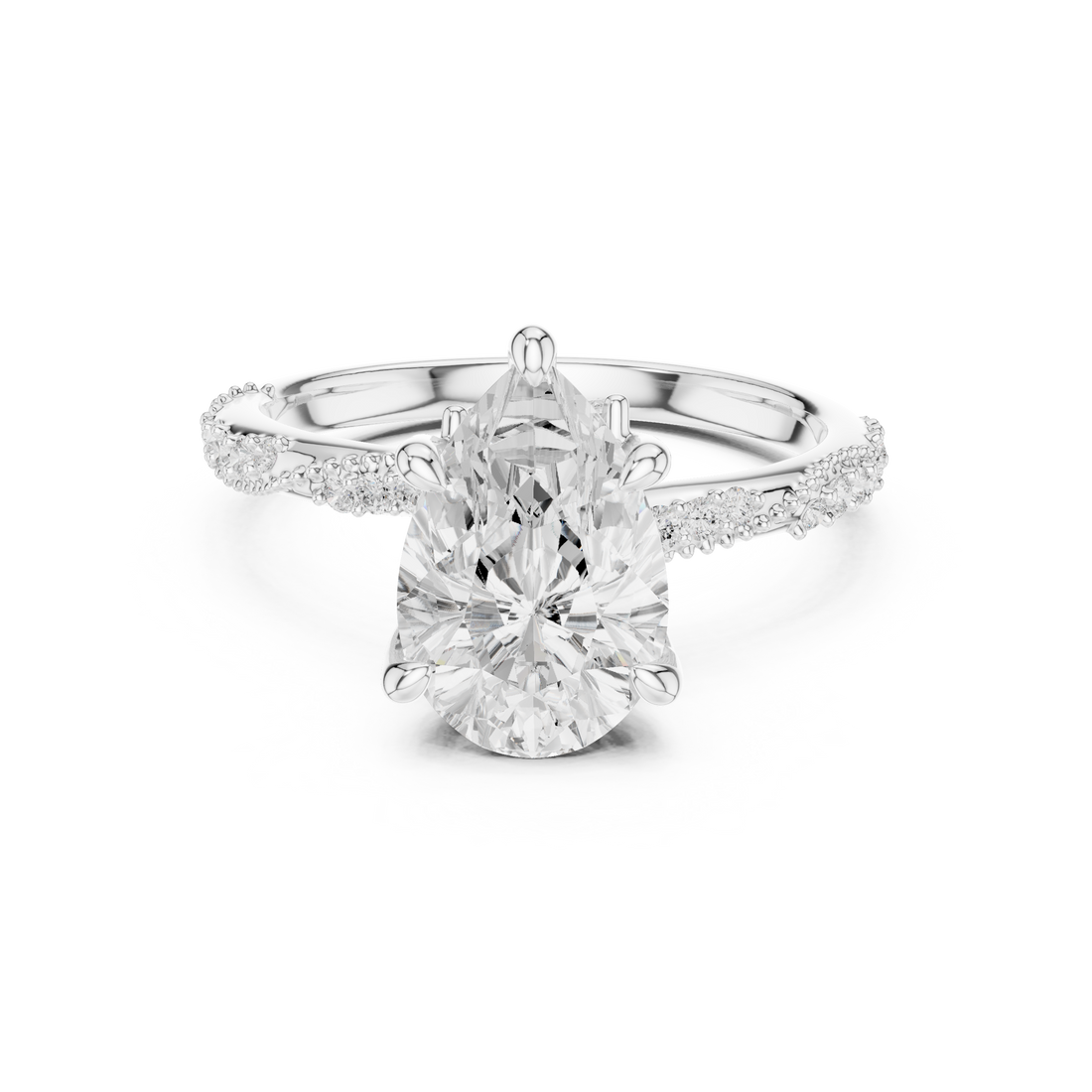 Pear Cut Solitaire Engagement Ring with Side Pavé Diamond Band and Hidden Halo