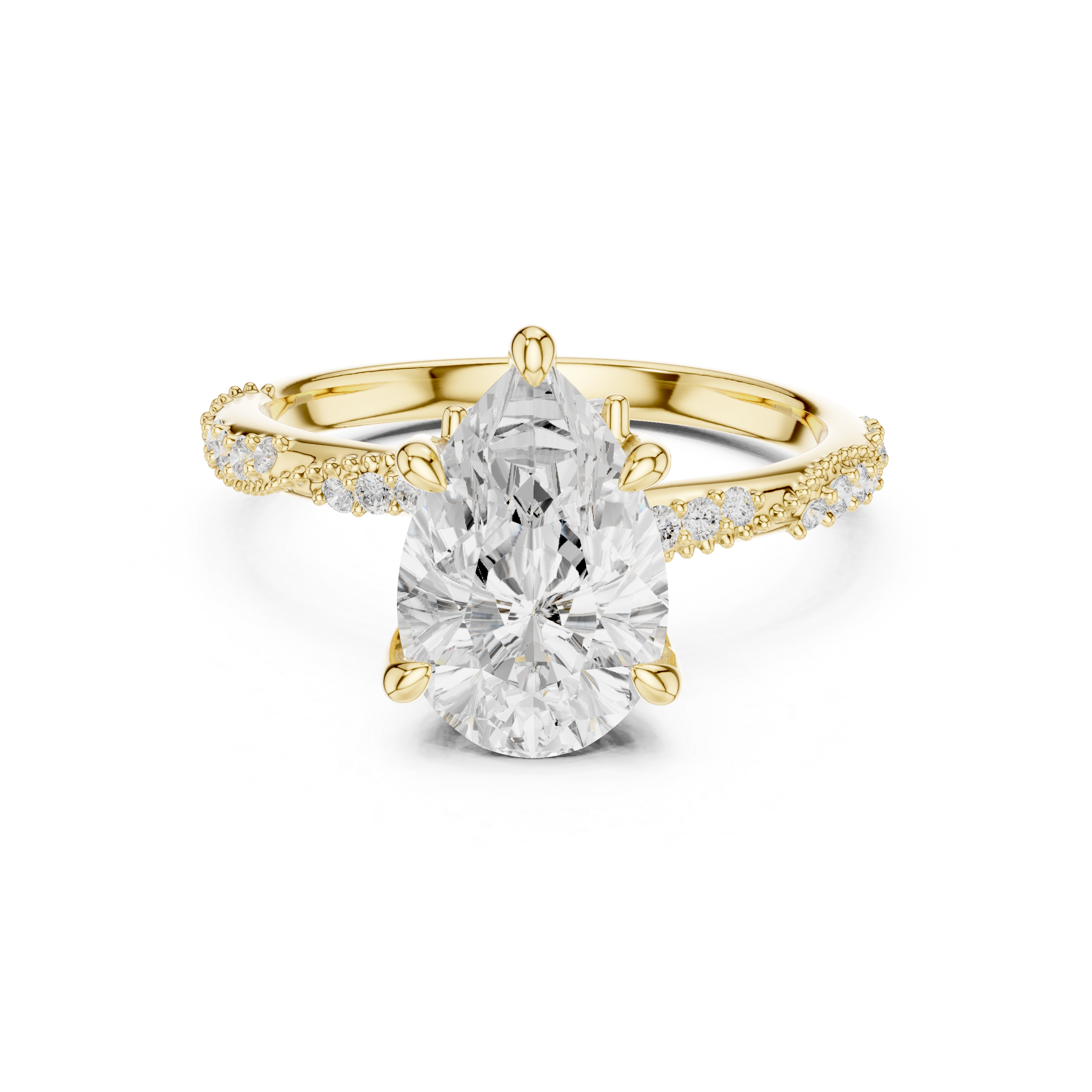 Pear Cut Solitaire Engagement Ring with Side Pavé Diamond Band and Hidden Halo