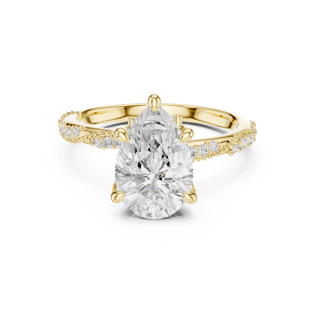 Pear Cut Solitaire Engagement Ring with Side Pavé Diamond Band and Hidden Halo