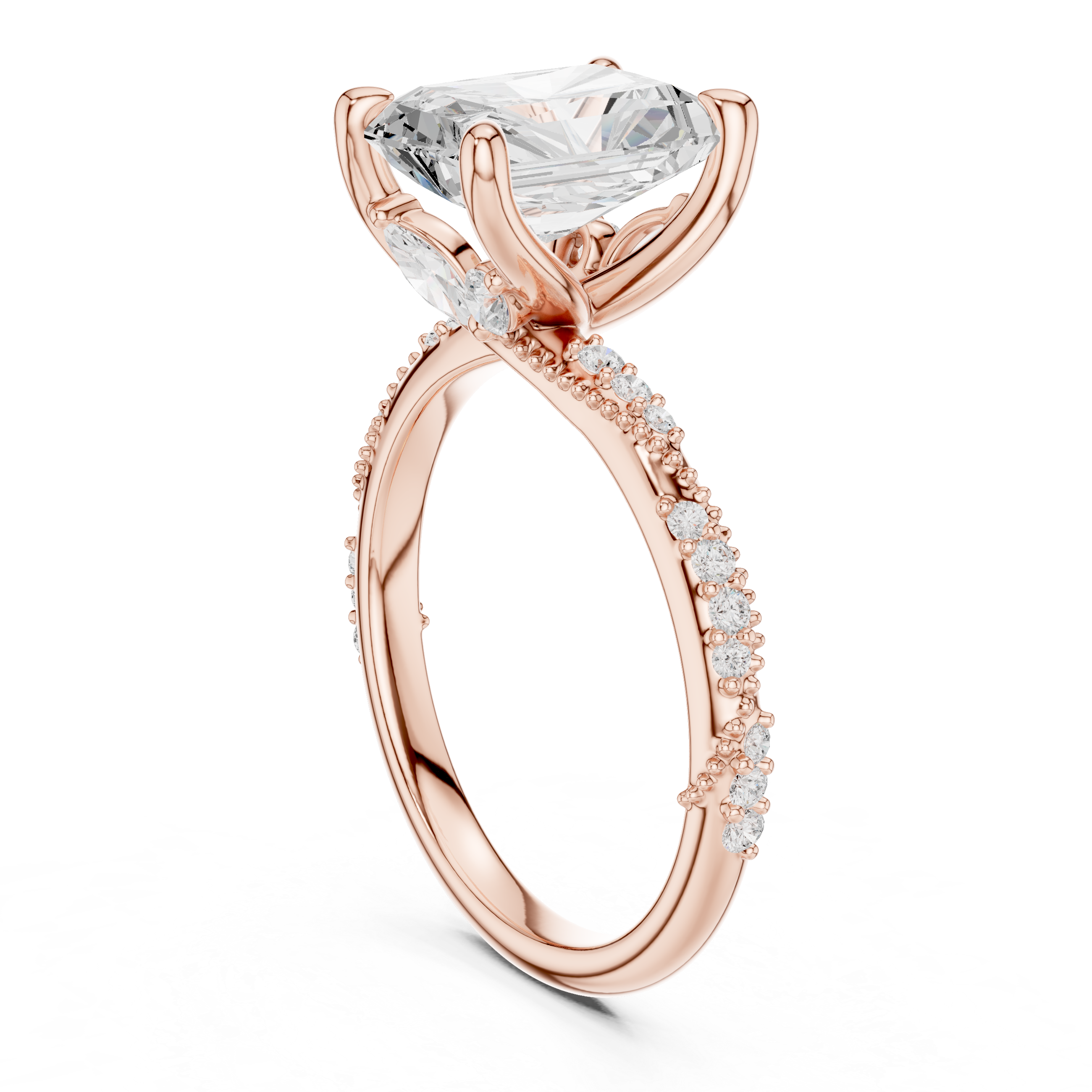 Radiant Cut Solitaire Engagement Ring with Side Pavé Diamond Band and Hidden Halo