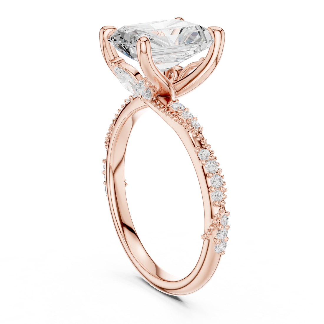 Radiant Cut Solitaire Engagement Ring with Side Pavé Diamond Band and Hidden Halo