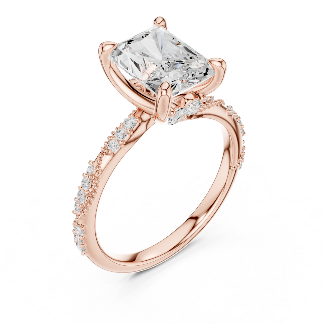 Radiant Cut Solitaire Engagement Ring with Side Pavé Diamond Band and Hidden Halo