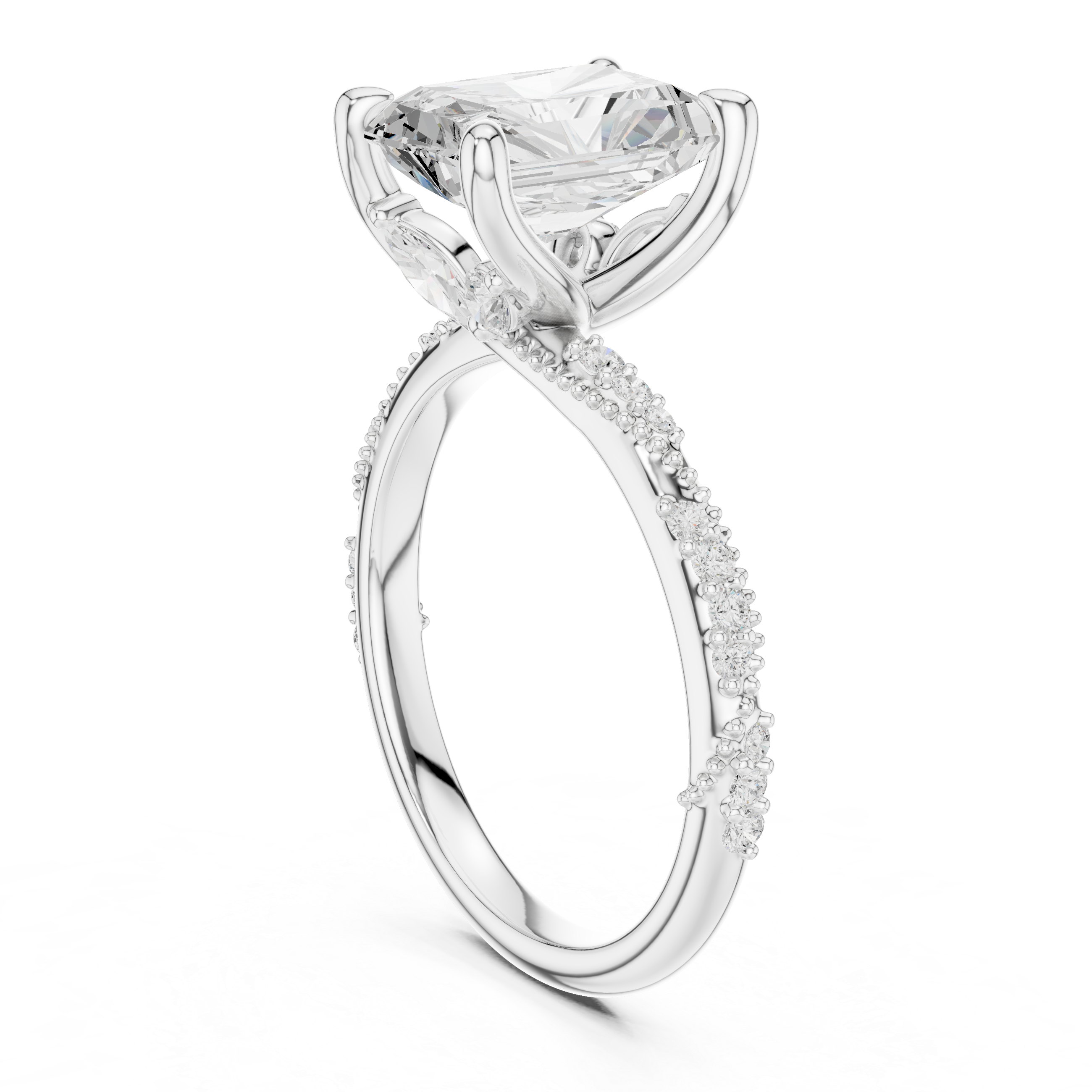 Radiant Cut Solitaire Engagement Ring with Side Pavé Diamond Band and Hidden Halo