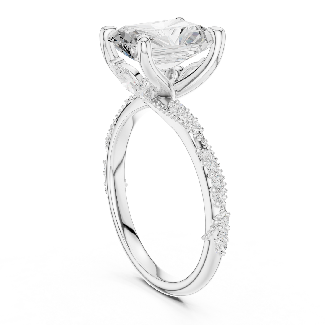 Radiant Cut Solitaire Engagement Ring with Side Pavé Diamond Band and Hidden Halo