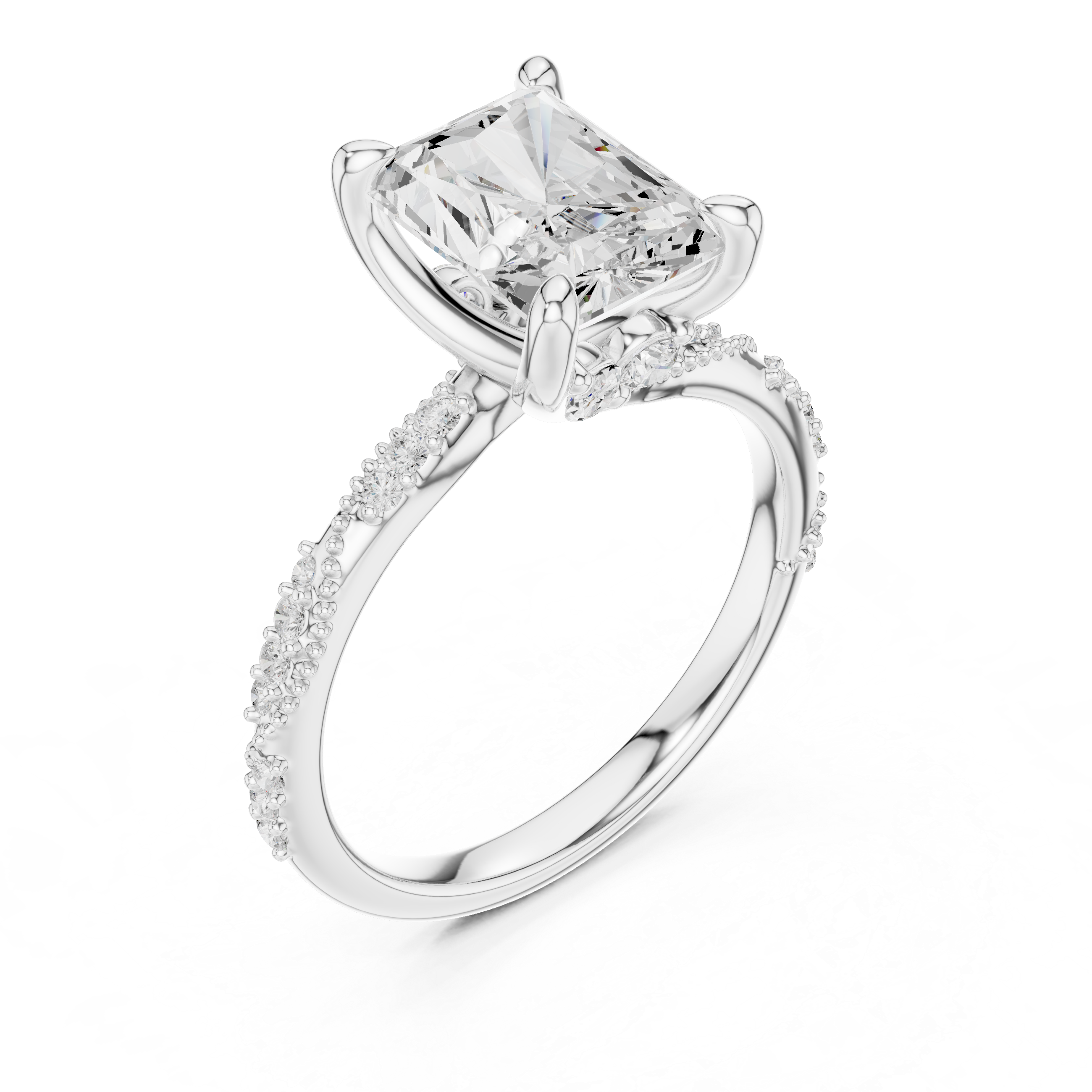 Radiant Cut Solitaire Engagement Ring with Side Pavé Diamond Band and Hidden Halo