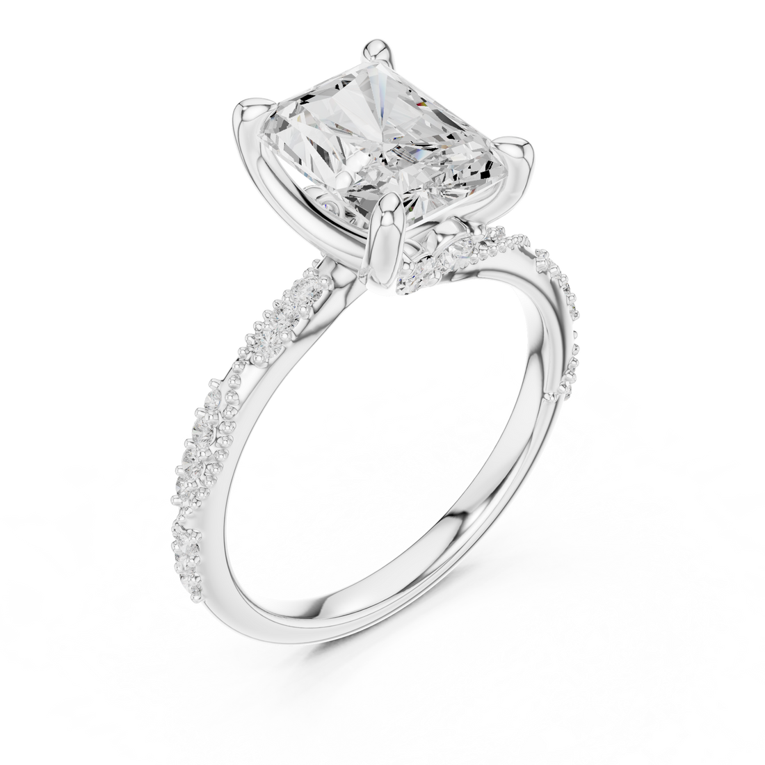 Radiant Cut Solitaire Engagement Ring with Side Pavé Diamond Band and Hidden Halo