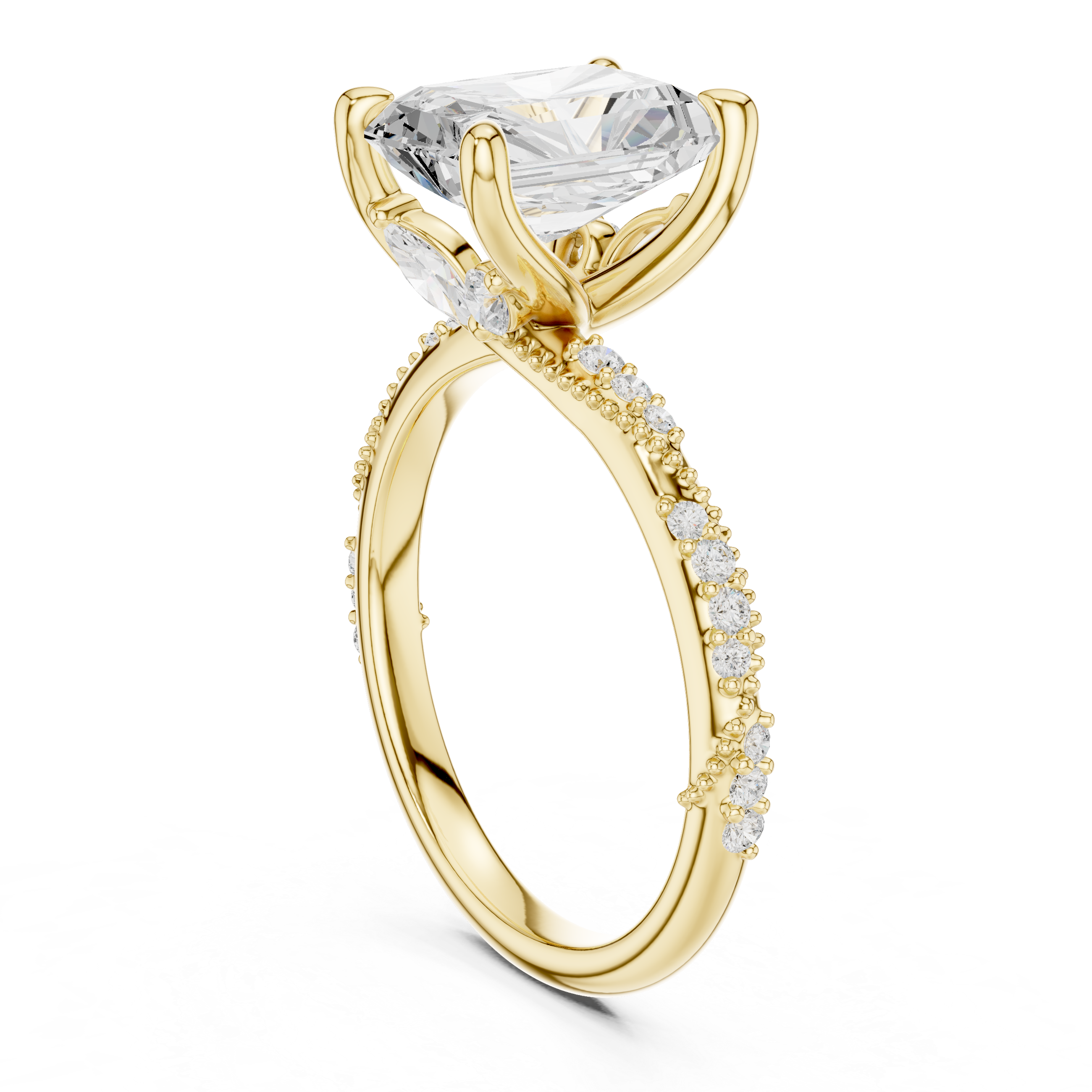 Radiant Cut Solitaire Engagement Ring with Side Pavé Diamond Band and Hidden Halo