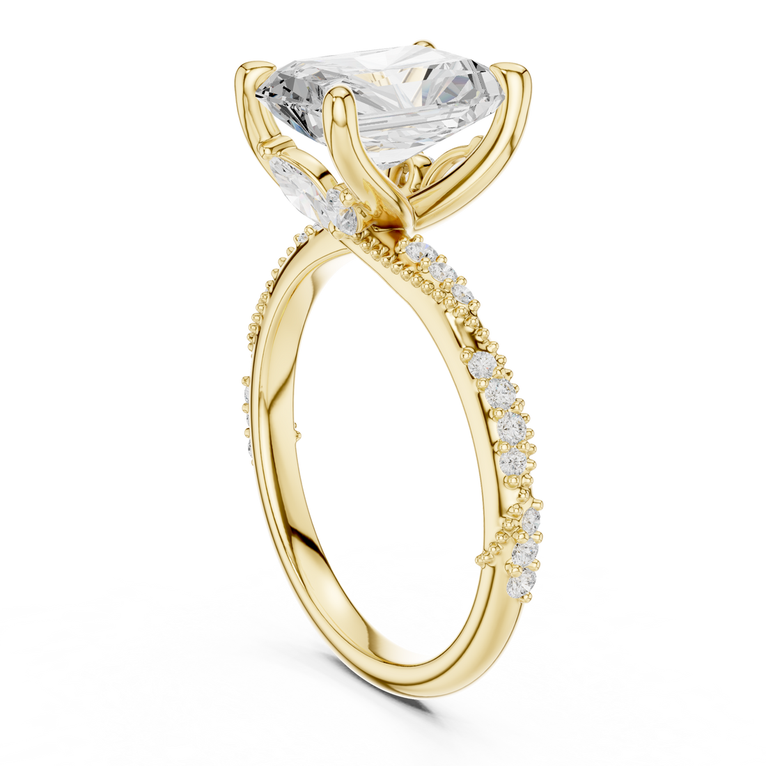 Radiant Cut Solitaire Engagement Ring with Side Pavé Diamond Band and Hidden Halo