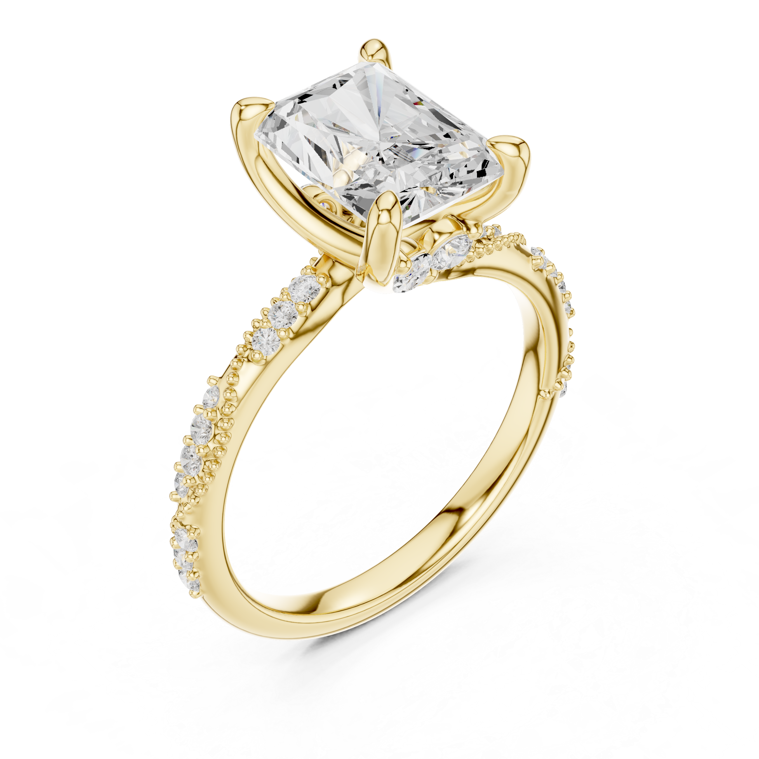 Radiant Cut Solitaire Engagement Ring with Side Pavé Diamond Band and Hidden Halo