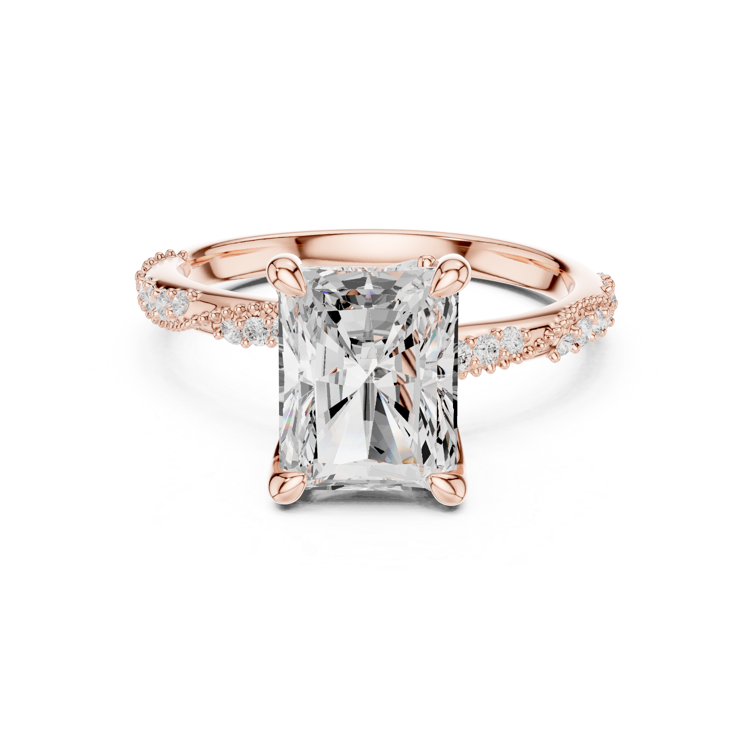 Radiant Cut Solitaire Engagement Ring with Side Pavé Diamond Band and Hidden Halo