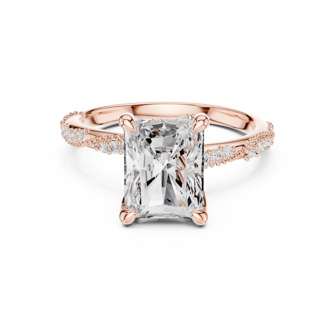 Radiant Cut Solitaire Engagement Ring with Side Pavé Diamond Band and Hidden Halo