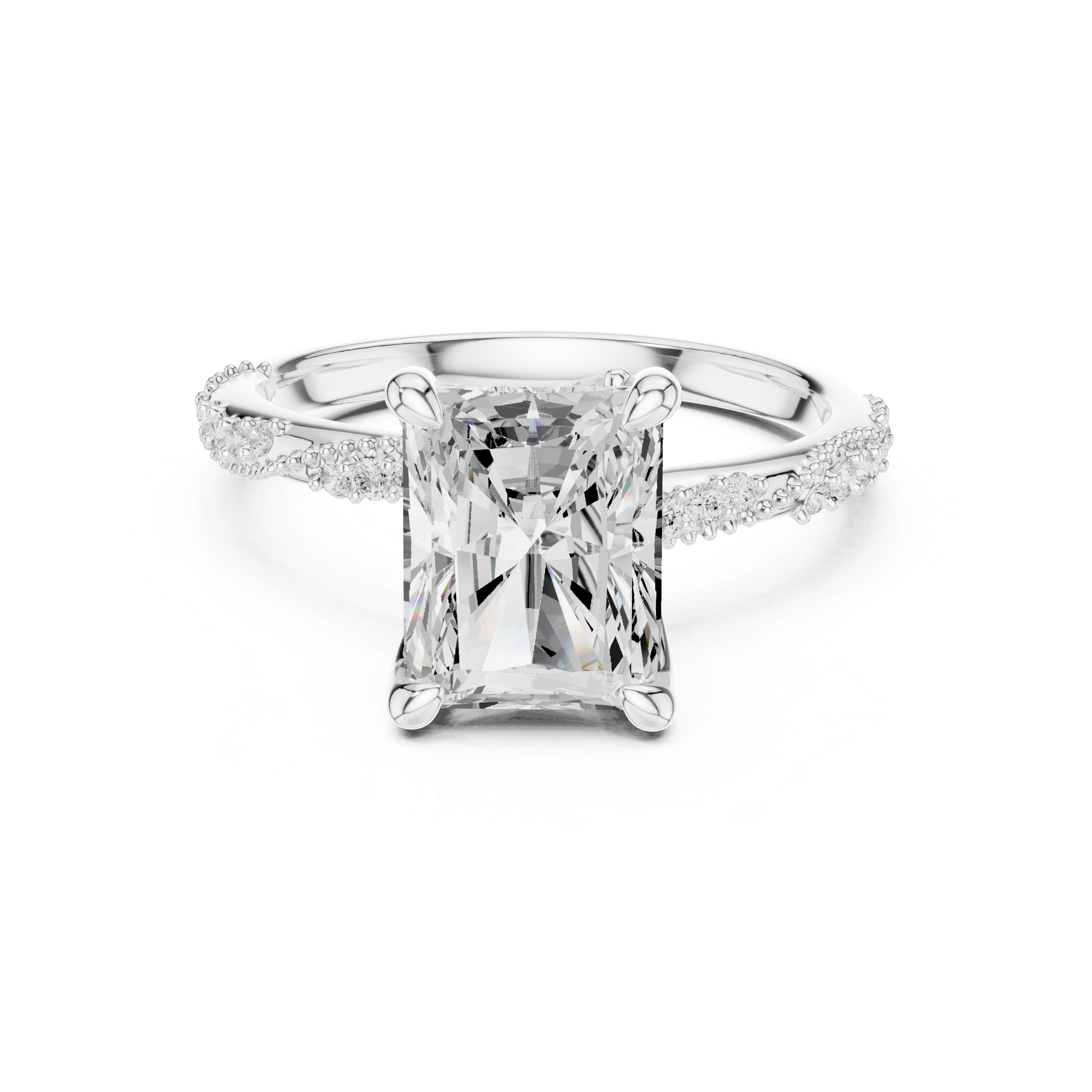 Radiant Cut Solitaire Engagement Ring with Side Pavé Diamond Band and Hidden Halo