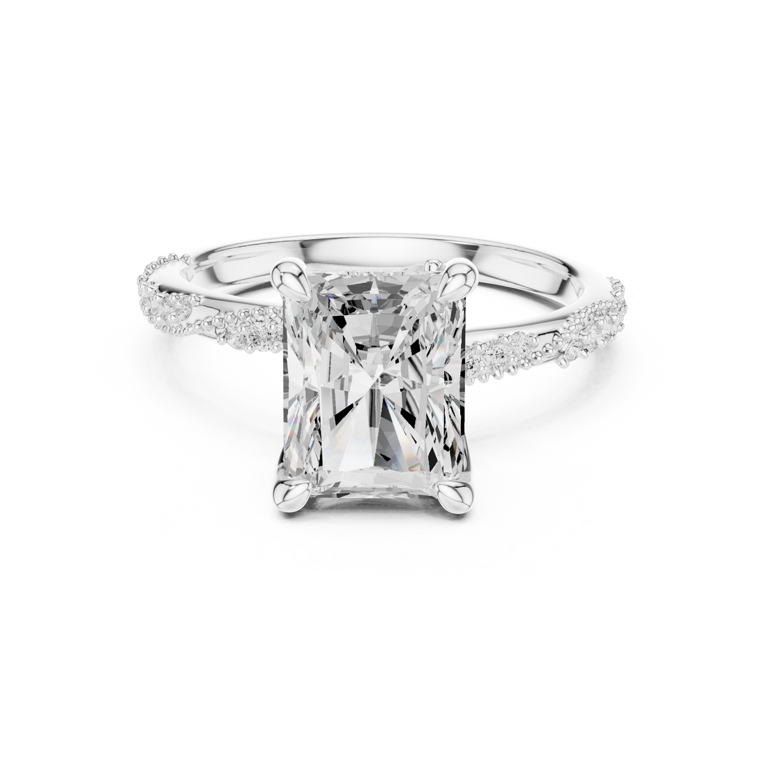 Radiant Cut Solitaire Engagement Ring with Side Pavé Diamond Band and Hidden Halo