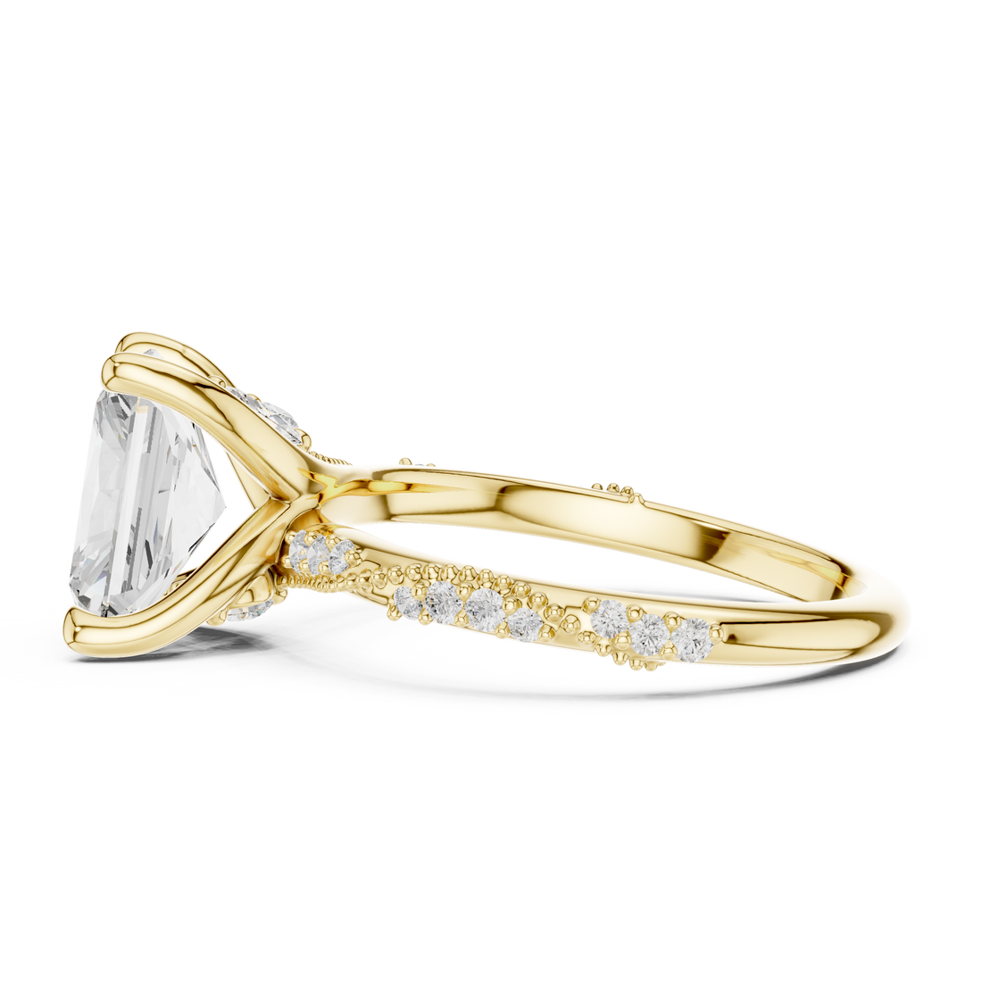 Radiant Cut Solitaire Engagement Ring with Side Pavé Diamond Band and Hidden Halo