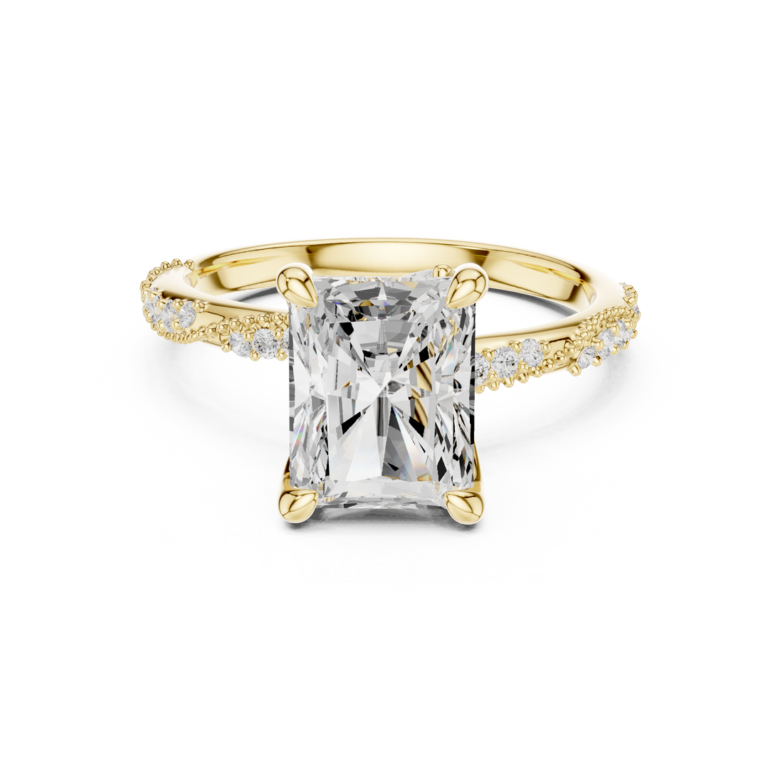 Radiant Cut Solitaire Engagement Ring with Side Pavé Diamond Band and Hidden Halo