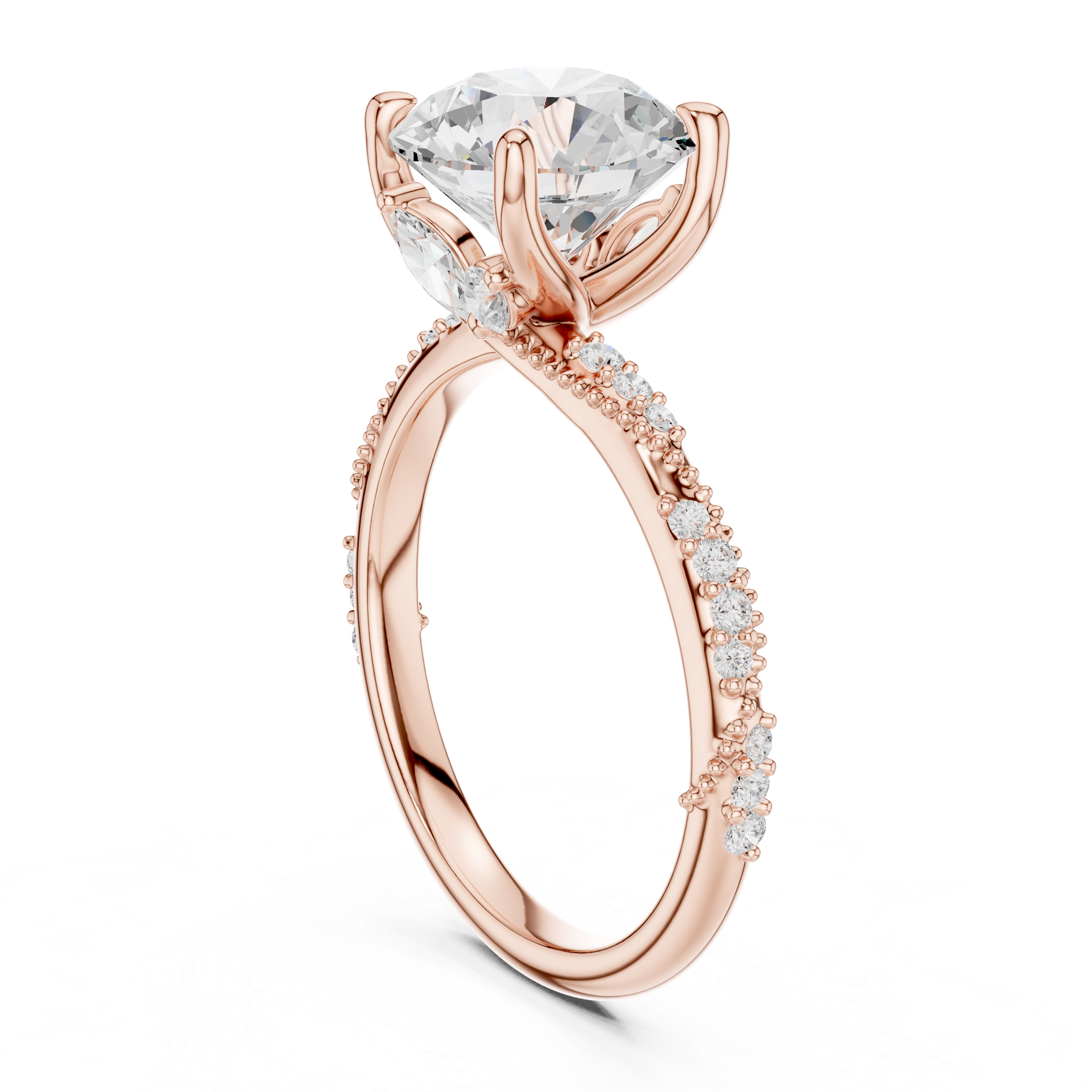 Round Cut Solitaire Engagement Ring with Side Pavé Diamond Band and Hidden Halo