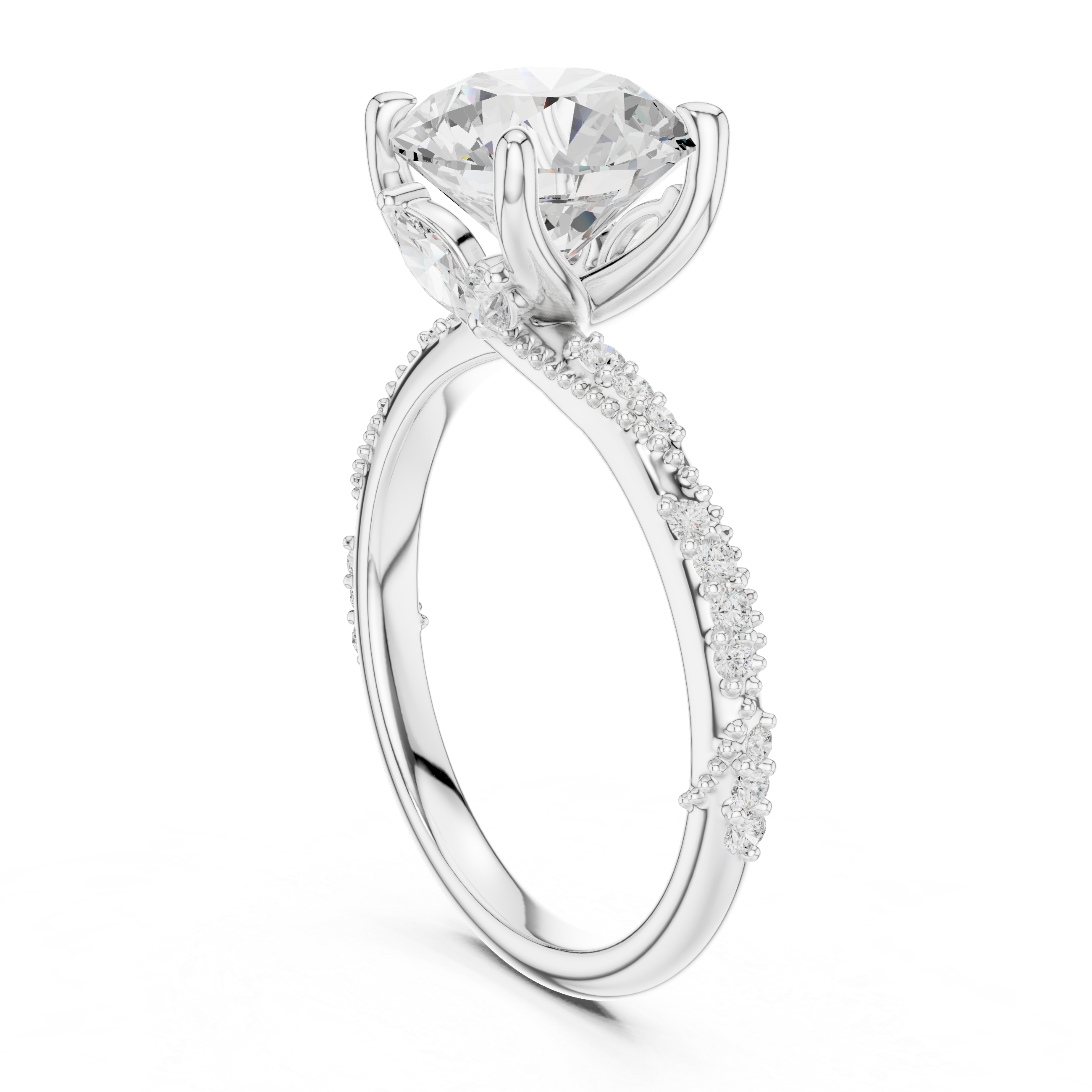 Round Cut Solitaire Engagement Ring with Side Pavé Diamond Band and Hidden Halo