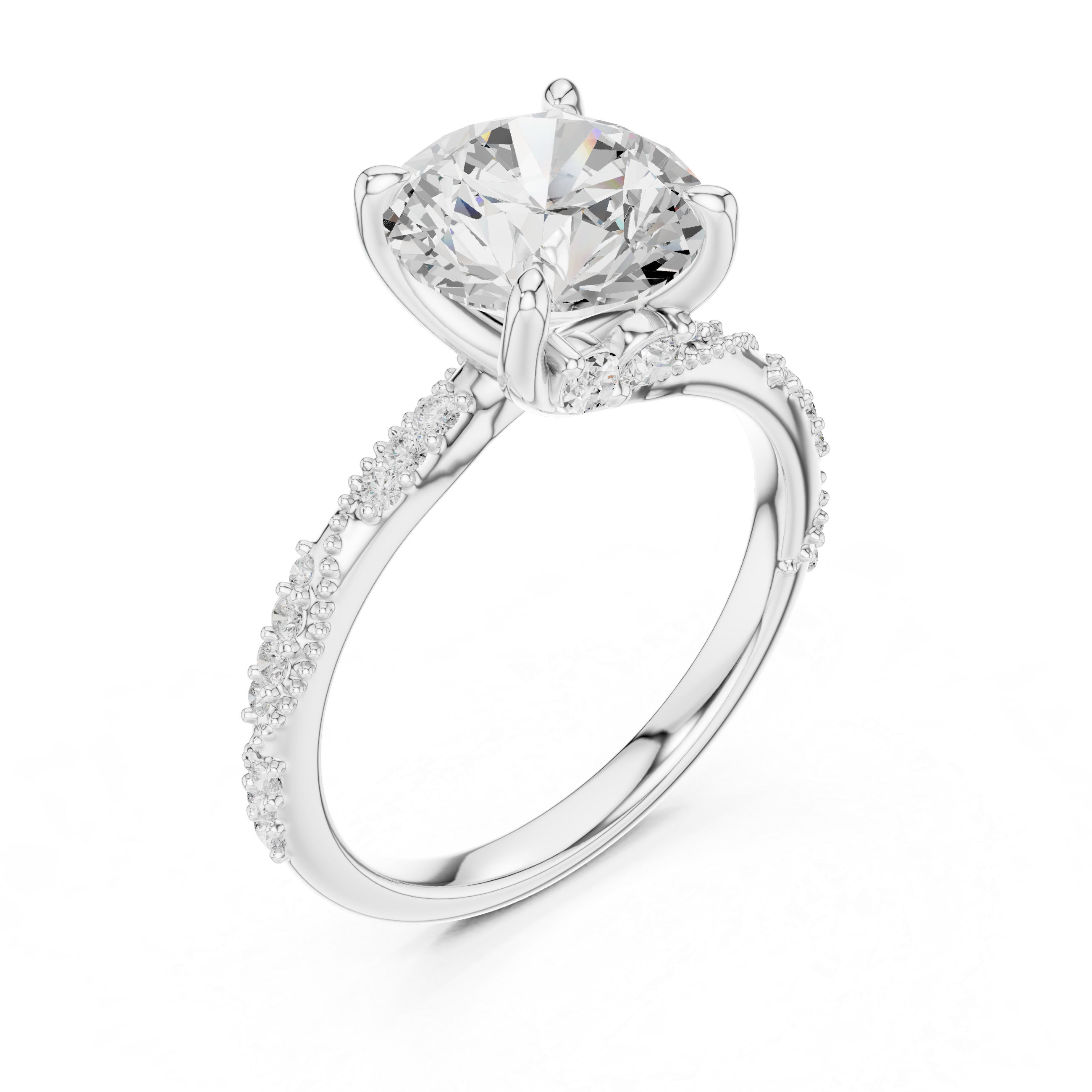 Round Cut Solitaire Engagement Ring with Side Pavé Diamond Band and Hidden Halo