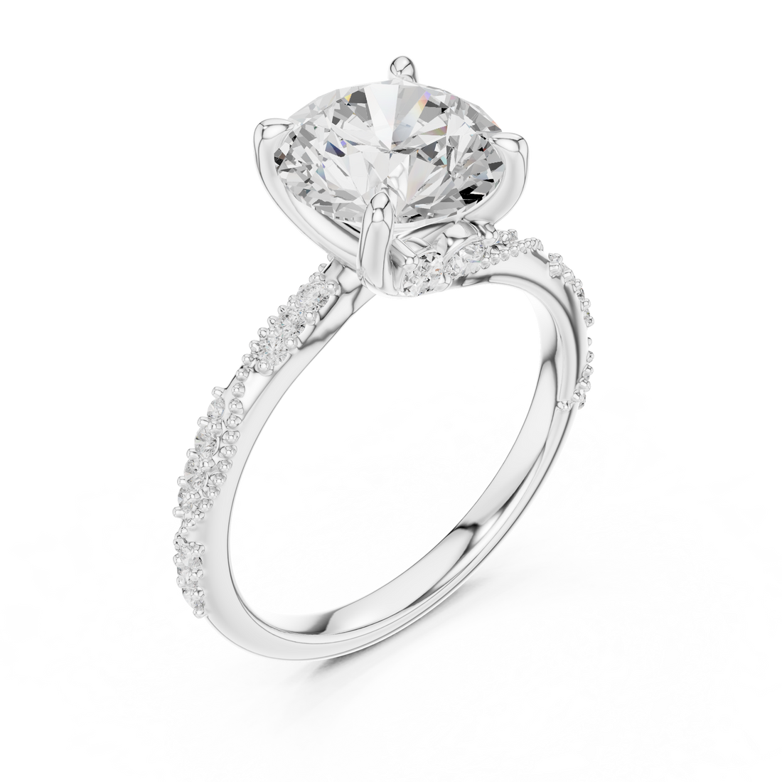 Round Cut Solitaire Engagement Ring with Side Pavé Diamond Band and Hidden Halo