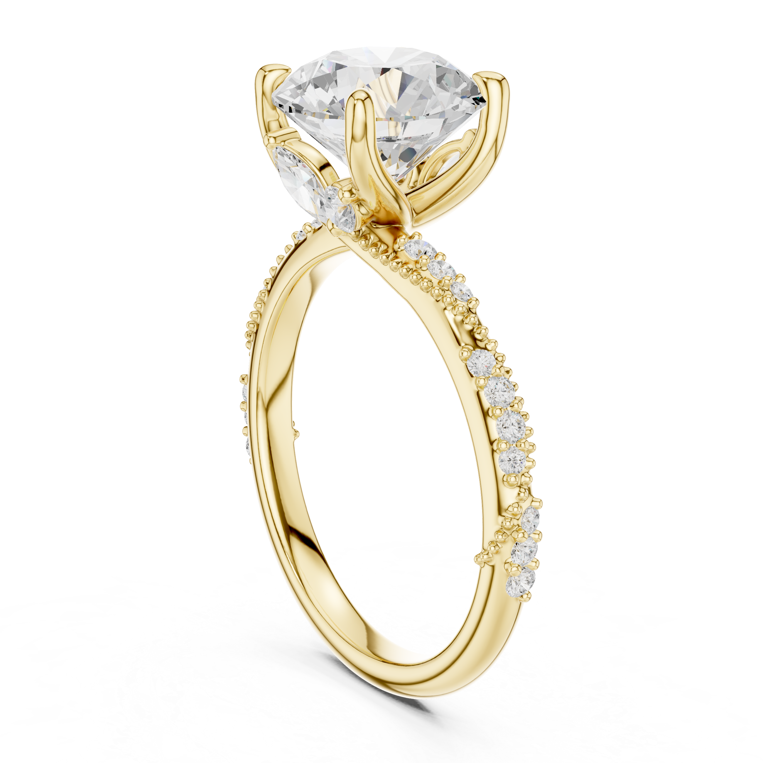 Round Cut Solitaire Engagement Ring with Side Pavé Diamond Band and Hidden Halo