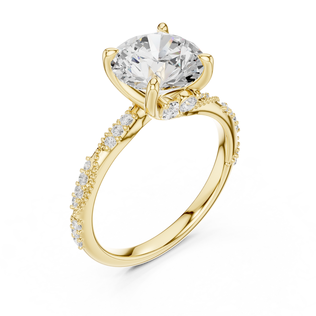 Round Cut Solitaire Engagement Ring with Side Pavé Diamond Band and Hidden Halo