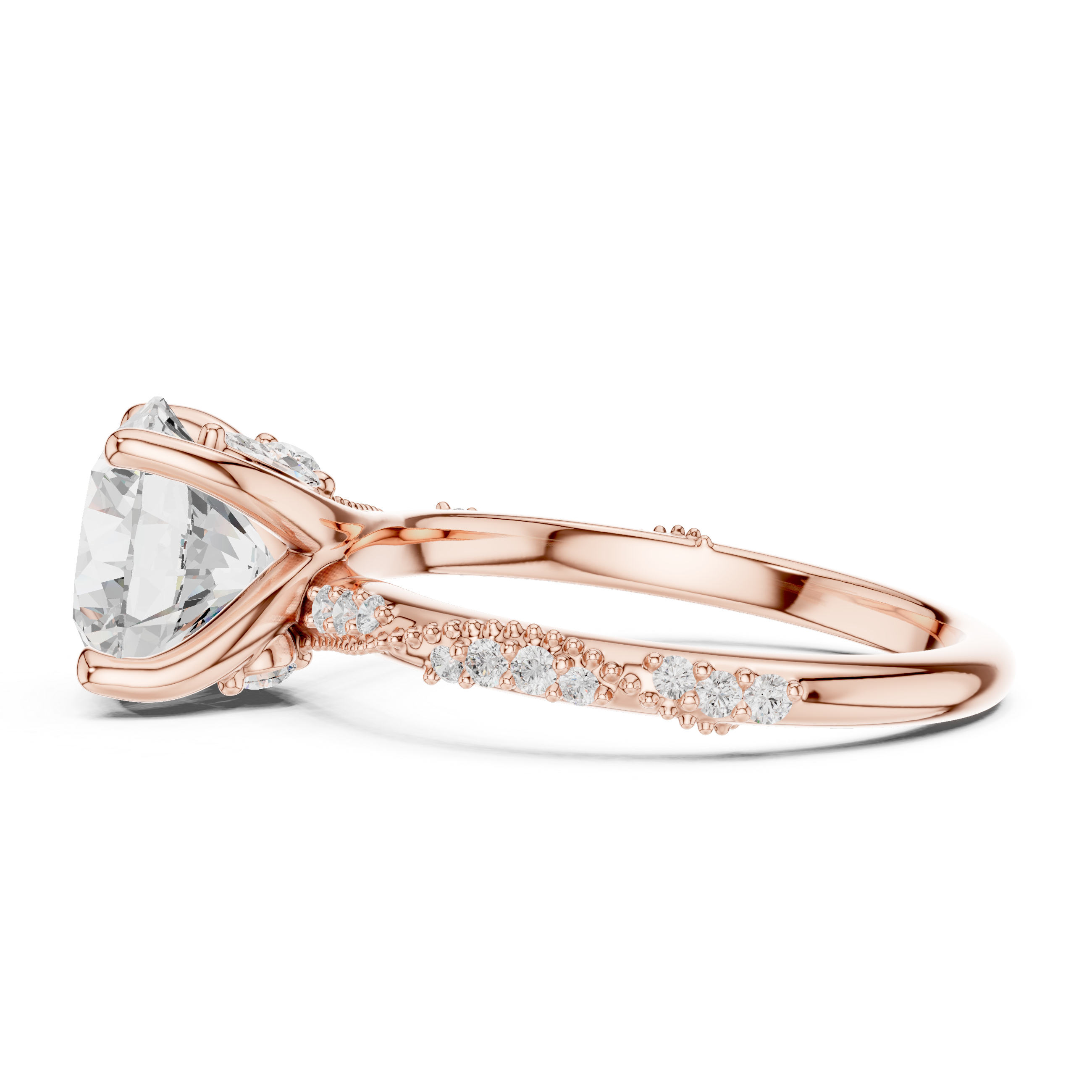 Round Cut Solitaire Engagement Ring with Side Pavé Diamond Band and Hidden Halo