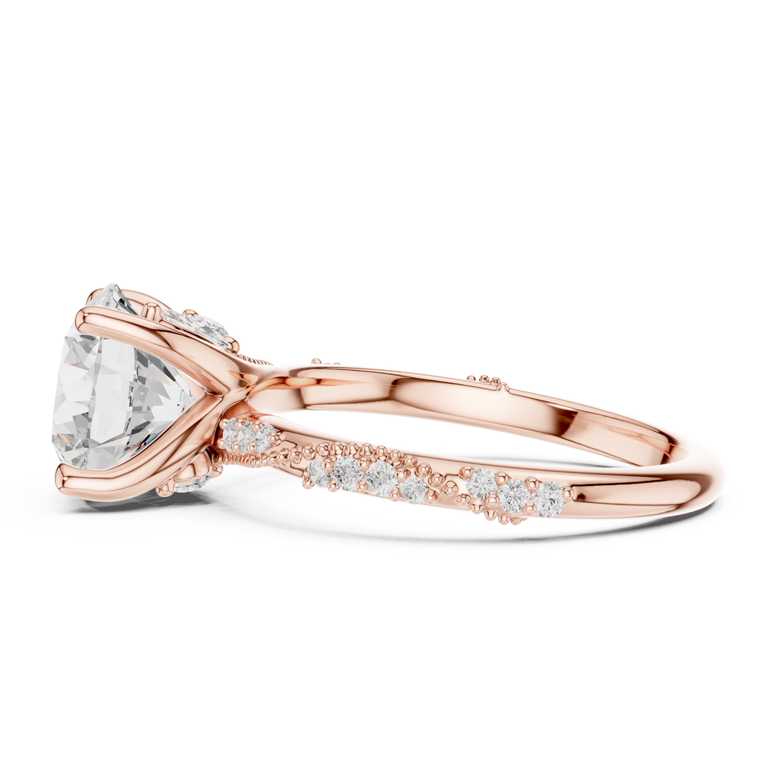 Round Cut Solitaire Engagement Ring with Side Pavé Diamond Band and Hidden Halo