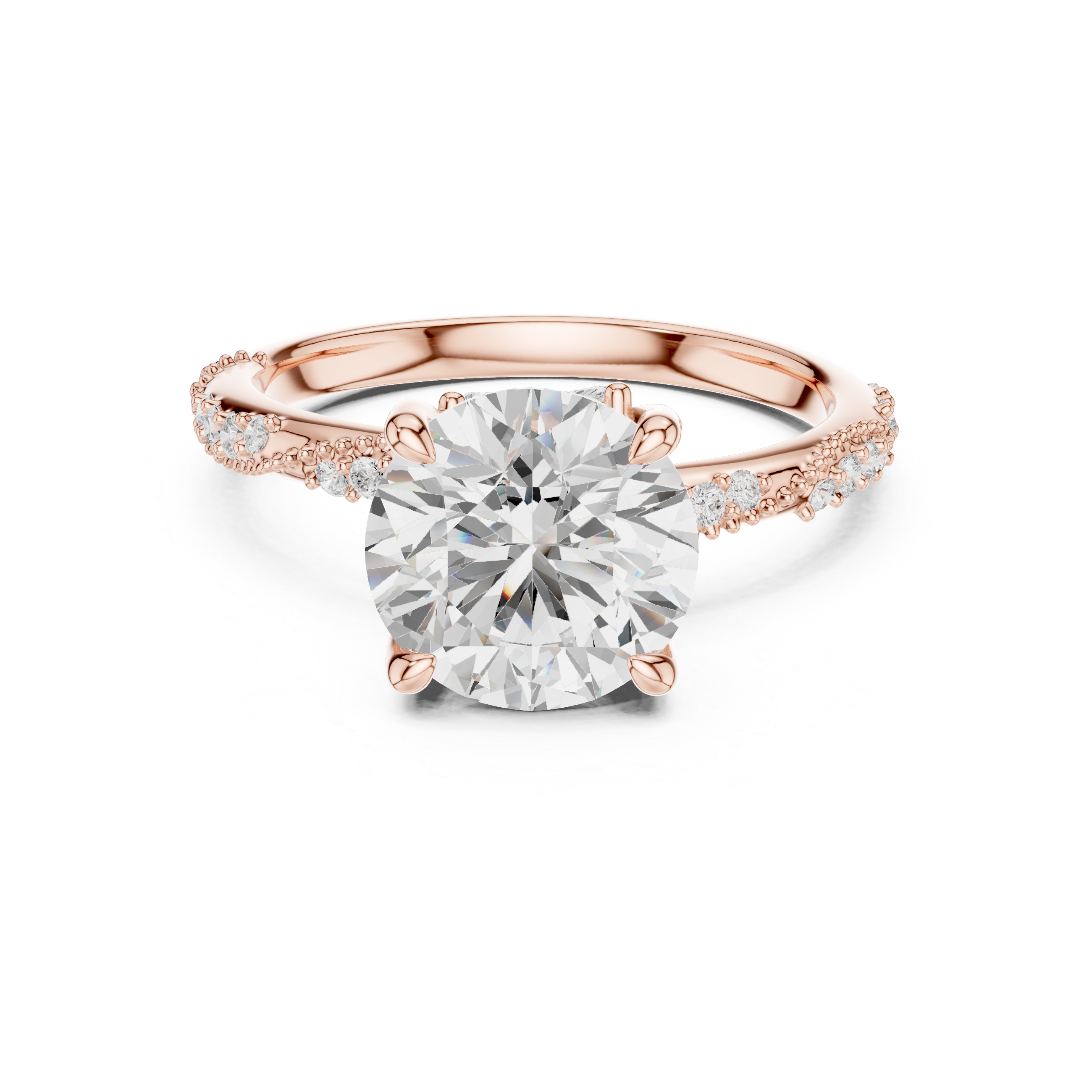 Round Cut Solitaire Engagement Ring with Side Pavé Diamond Band and Hidden Halo
