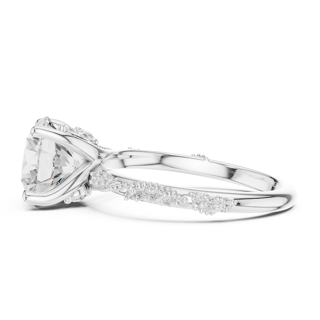 Round Cut Solitaire Engagement Ring with Side Pavé Diamond Band and Hidden Halo