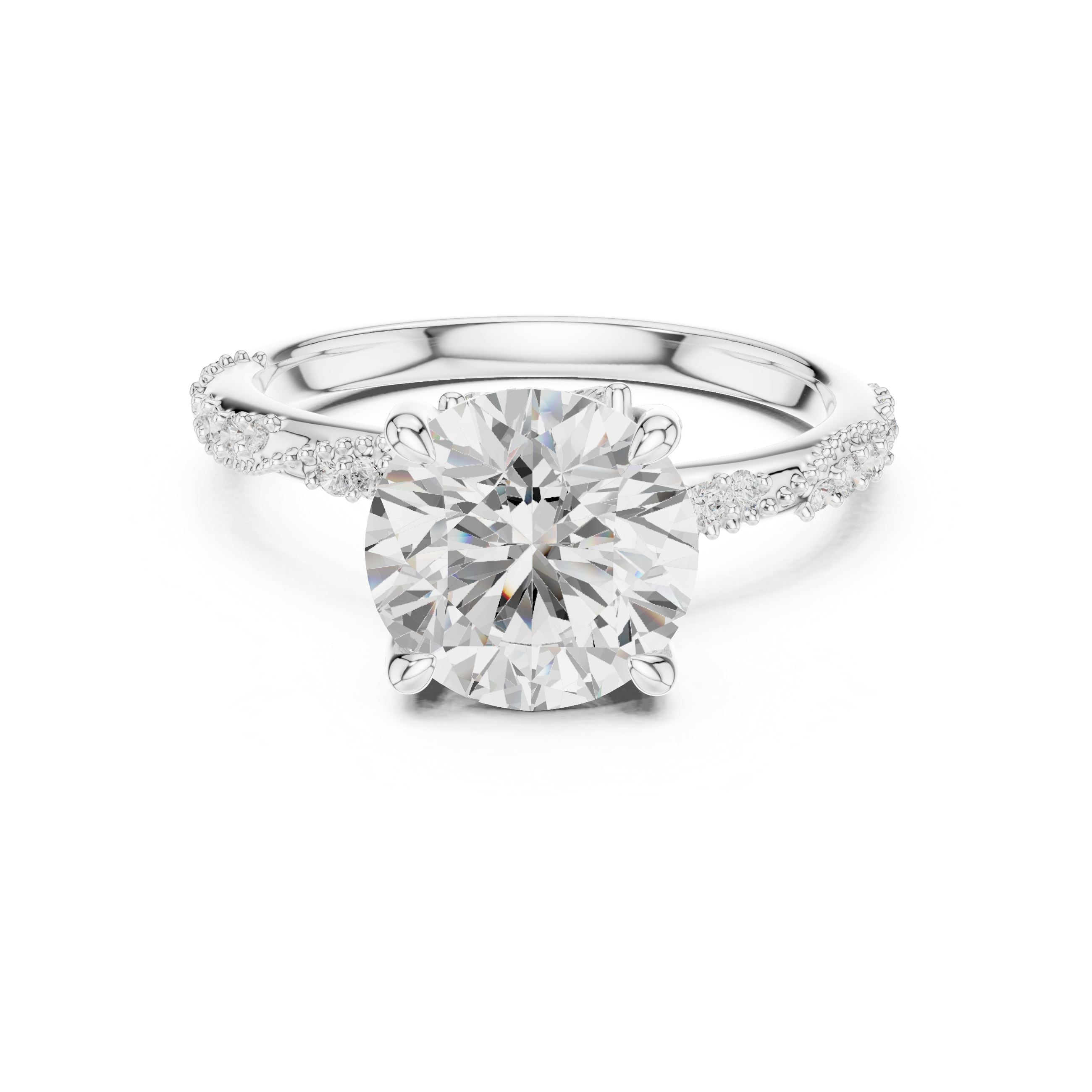 Round Cut Solitaire Engagement Ring with Side Pavé Diamond Band and Hidden Halo