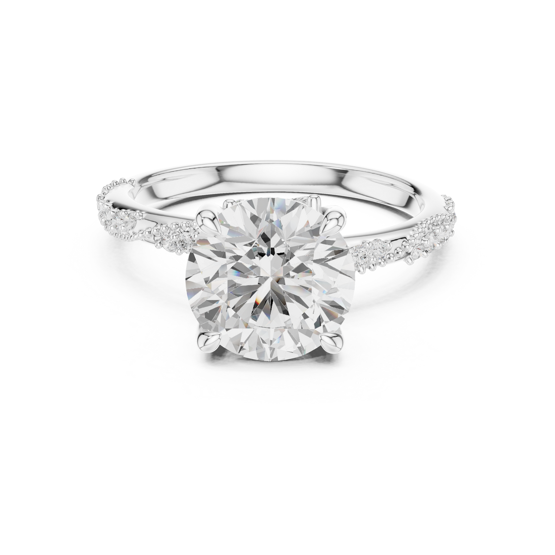 Round Cut Solitaire Engagement Ring with Side Pavé Diamond Band and Hidden Halo