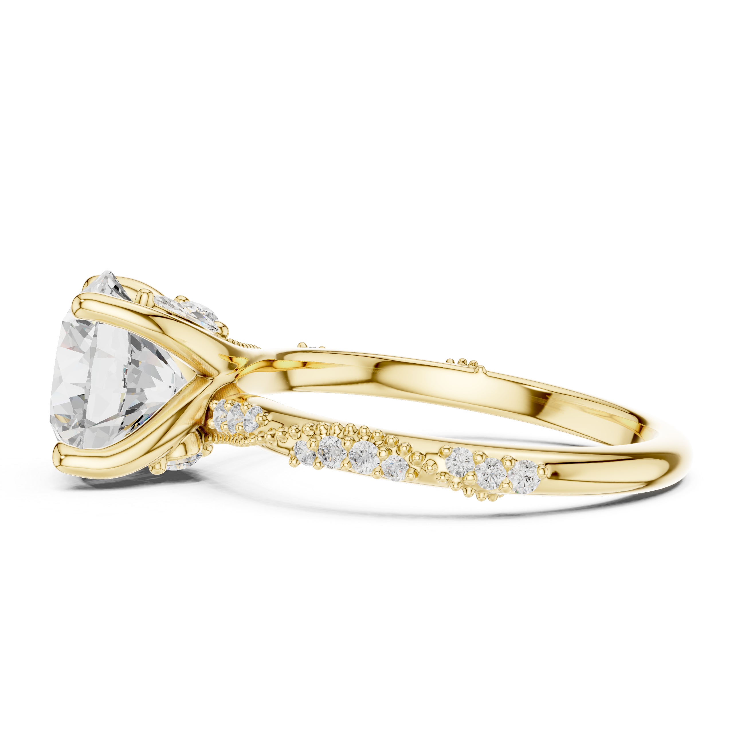 Round Cut Solitaire Engagement Ring with Side Pavé Diamond Band and Hidden Halo