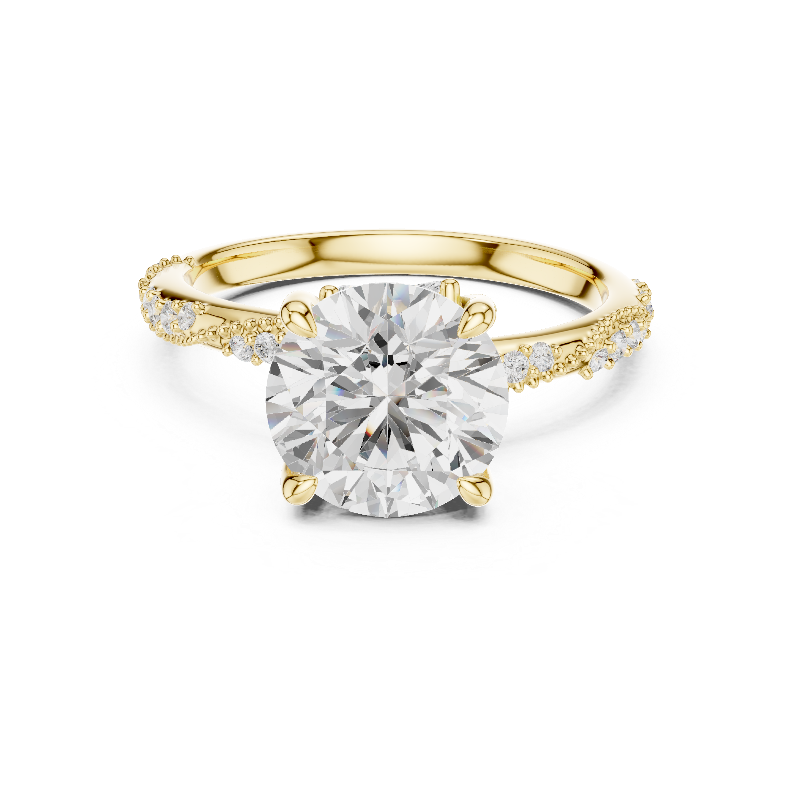 Round Cut Solitaire Engagement Ring with Side Pavé Diamond Band and Hidden Halo