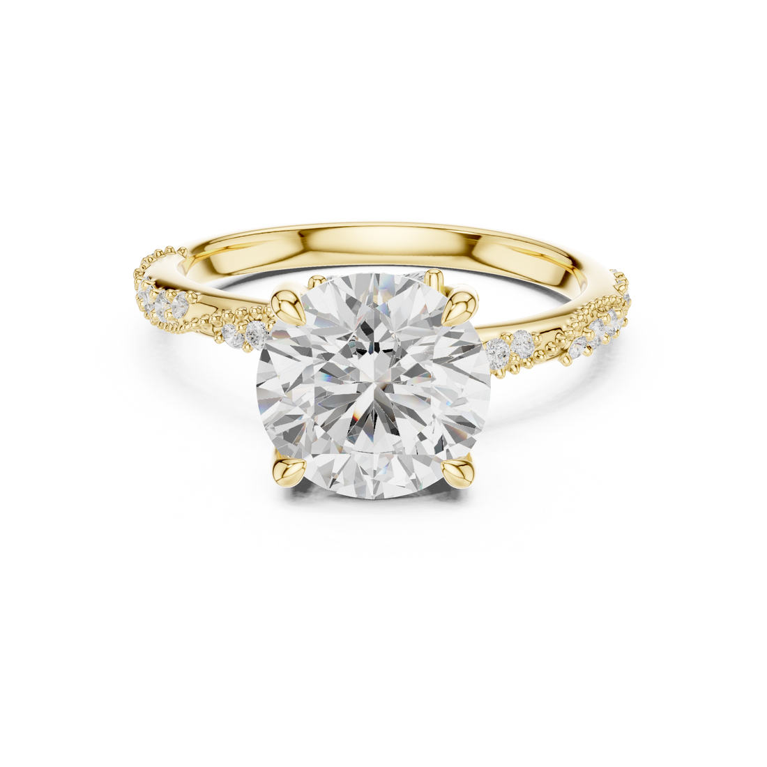 Round Cut Solitaire Engagement Ring with Side Pavé Diamond Band and Hidden Halo