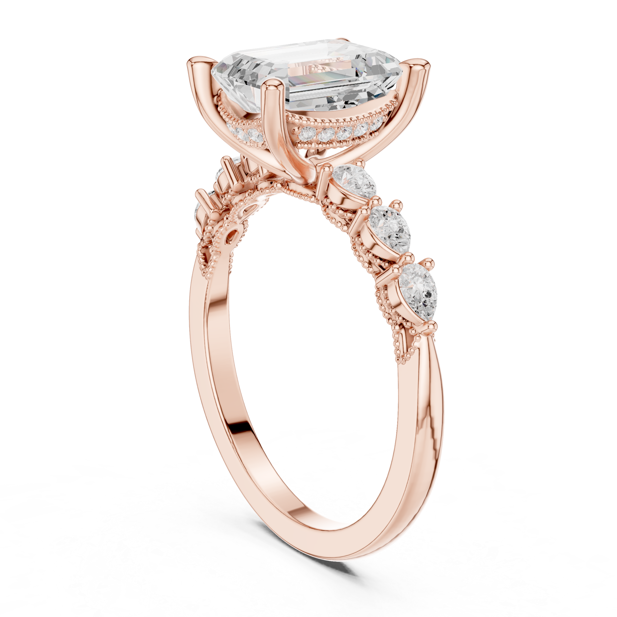 Emerald Cut Engagement Ring with Marquise & Round Floral Side Stones