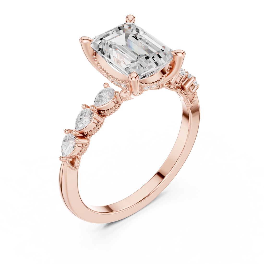 Emerald Cut Engagement Ring with Marquise & Round Floral Side Stones