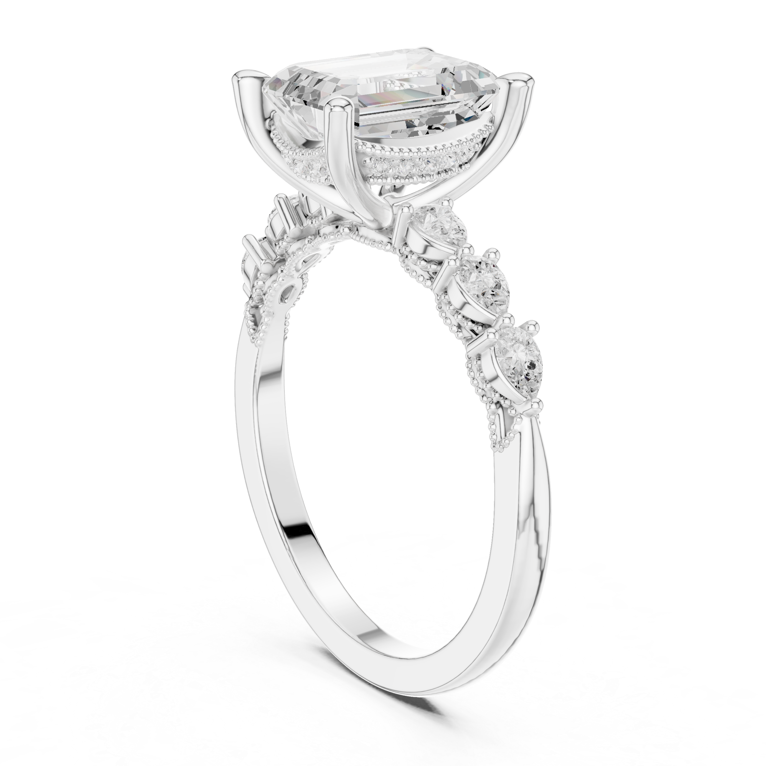 Emerald Cut Engagement Ring with Marquise & Round Floral Side Stones