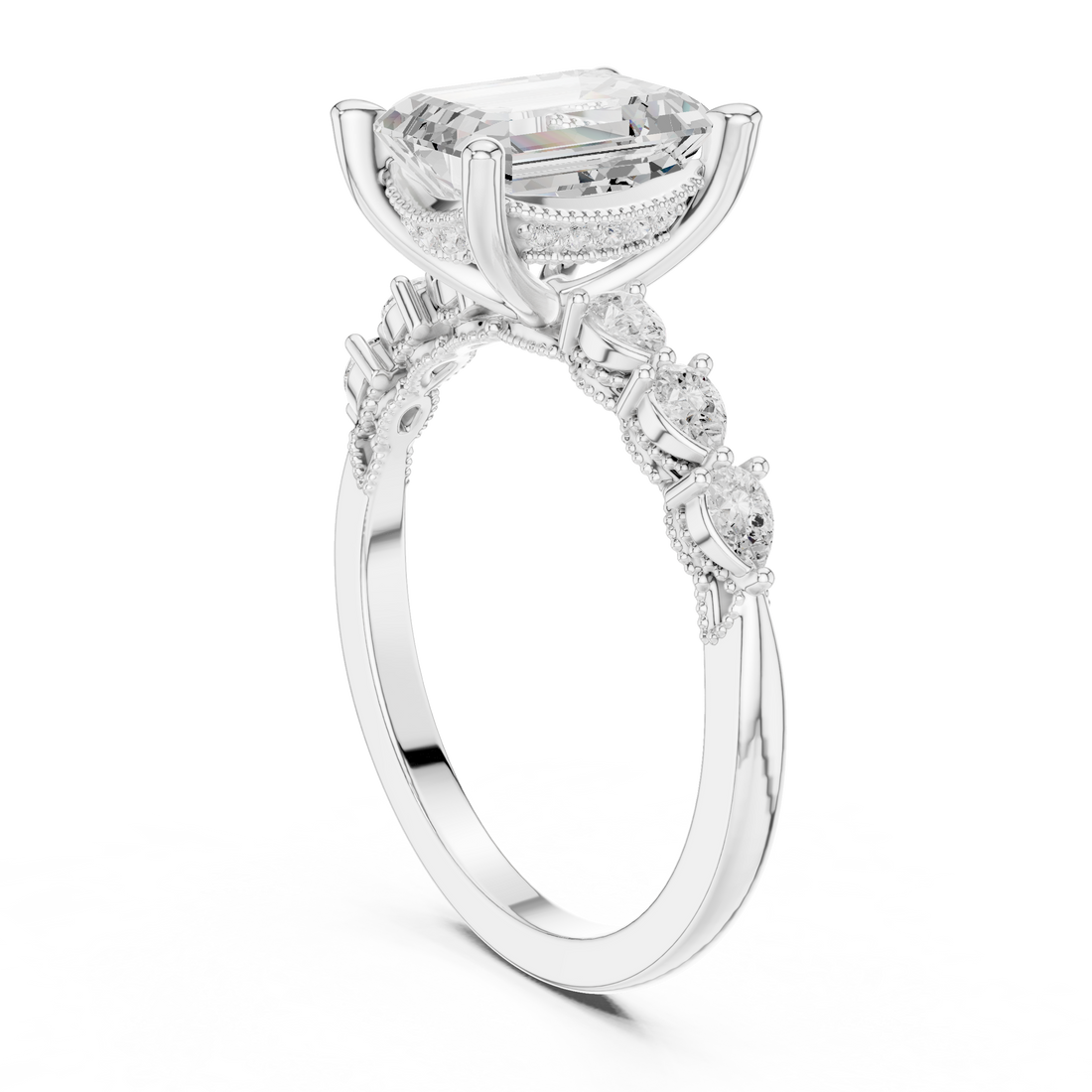 Emerald Cut Engagement Ring with Marquise & Round Floral Side Stones