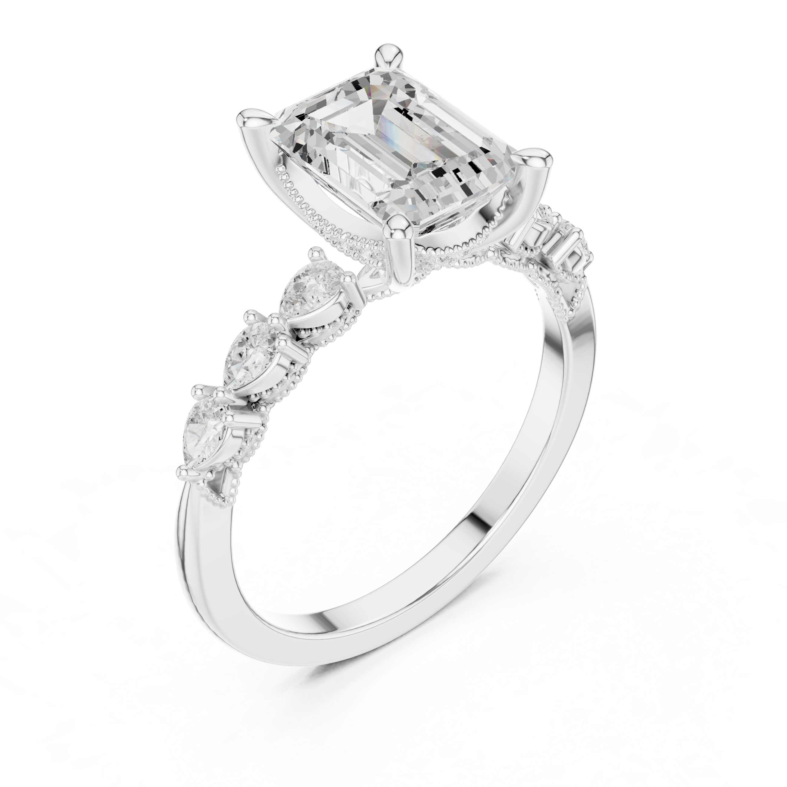 Emerald Cut Engagement Ring with Marquise & Round Floral Side Stones